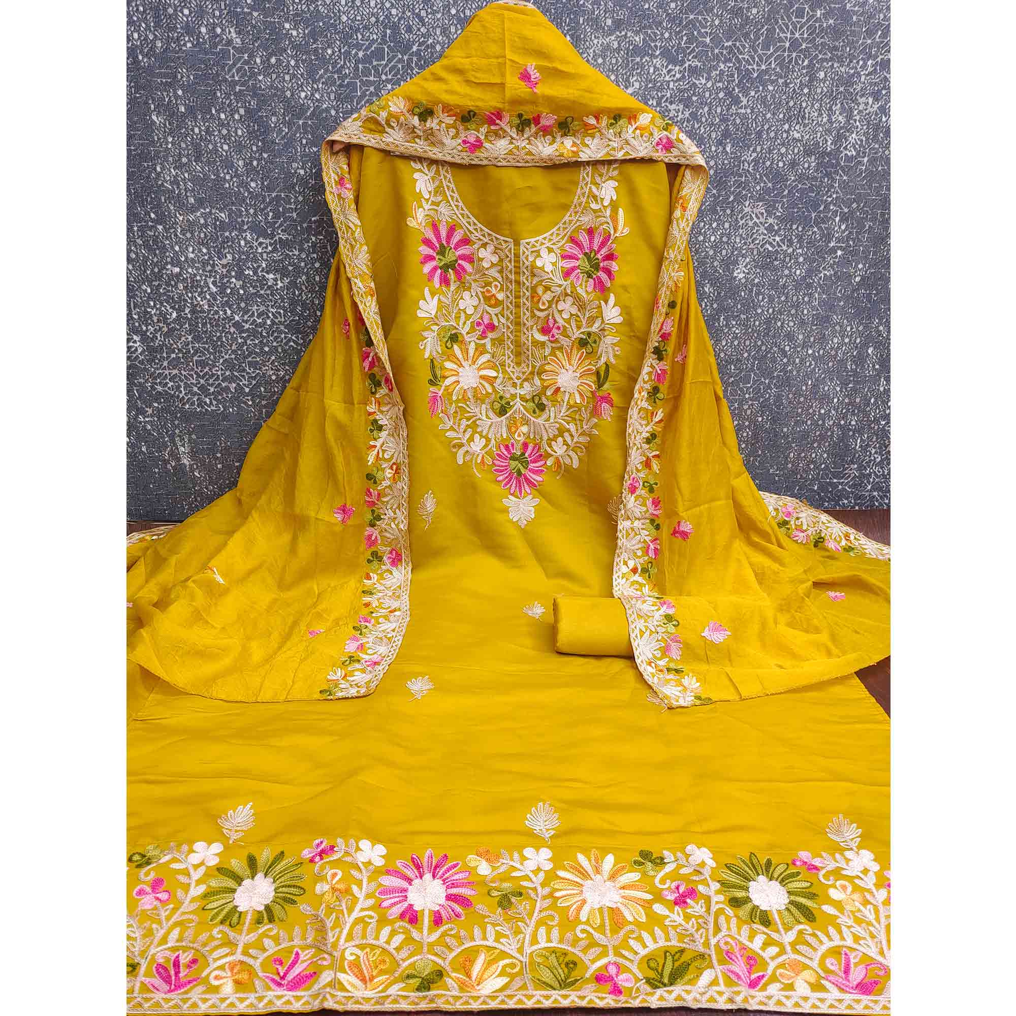 Mustard Designer Roman Art Silk Dress Material Adorned With Floral Thread Embroidery Work - Image 4