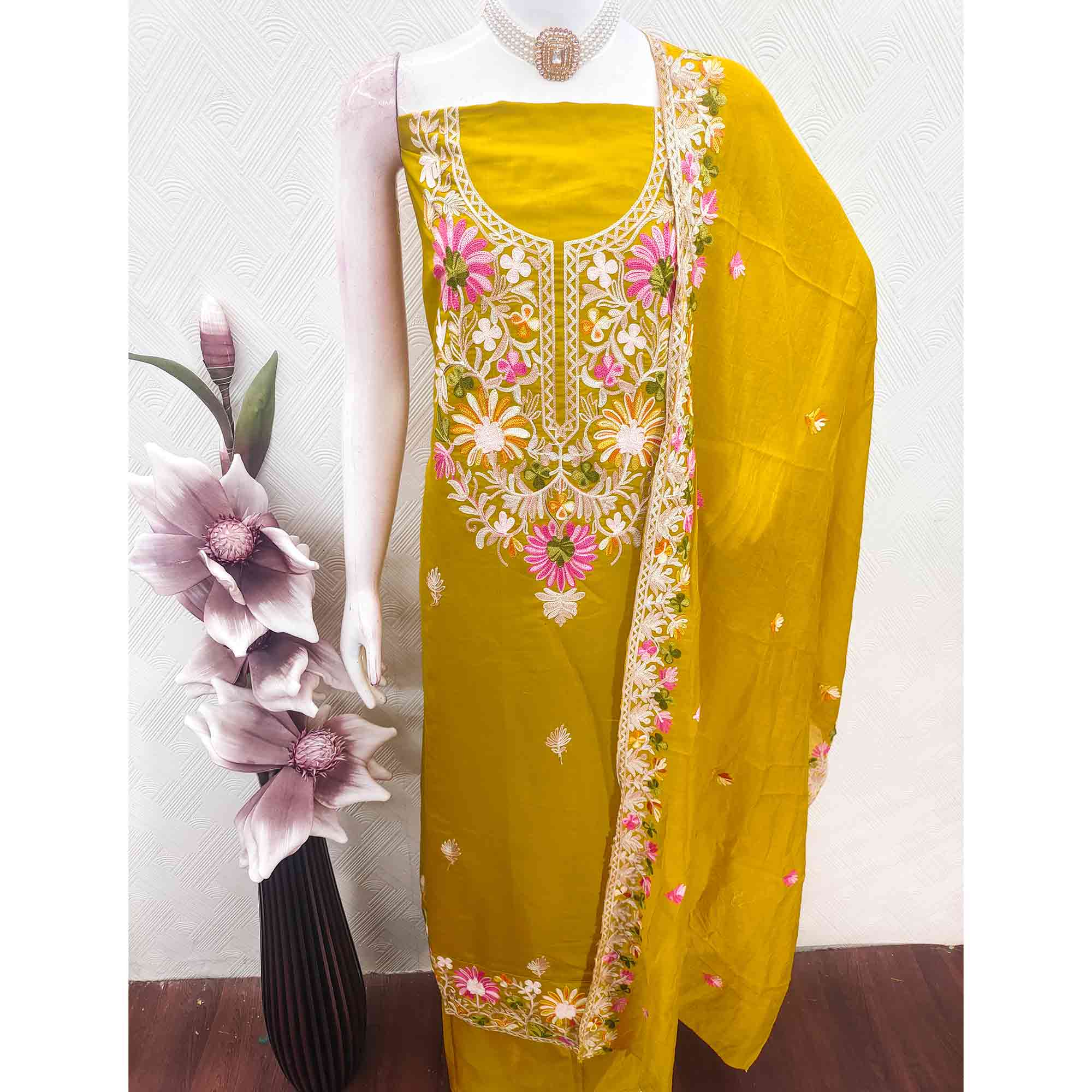 Mustard Designer Roman Art Silk Dress Material Adorned With Floral Thread Embroidery Work - Image 5