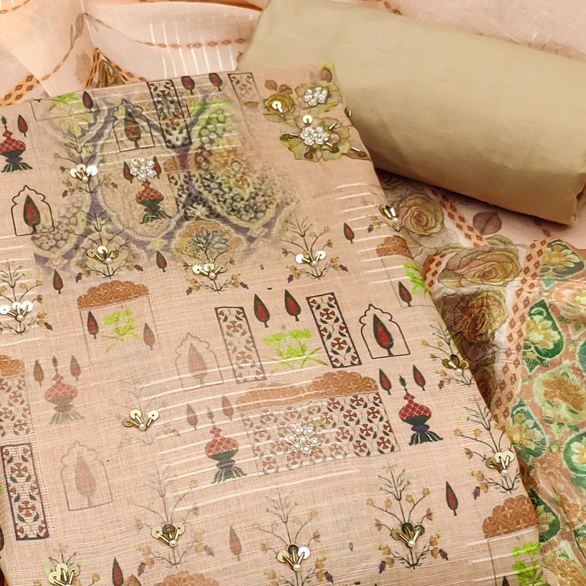 Mustard Digital Printed Viscose Cotton Dress Material With Intricate Moti & Sequins Handwork - Image 2