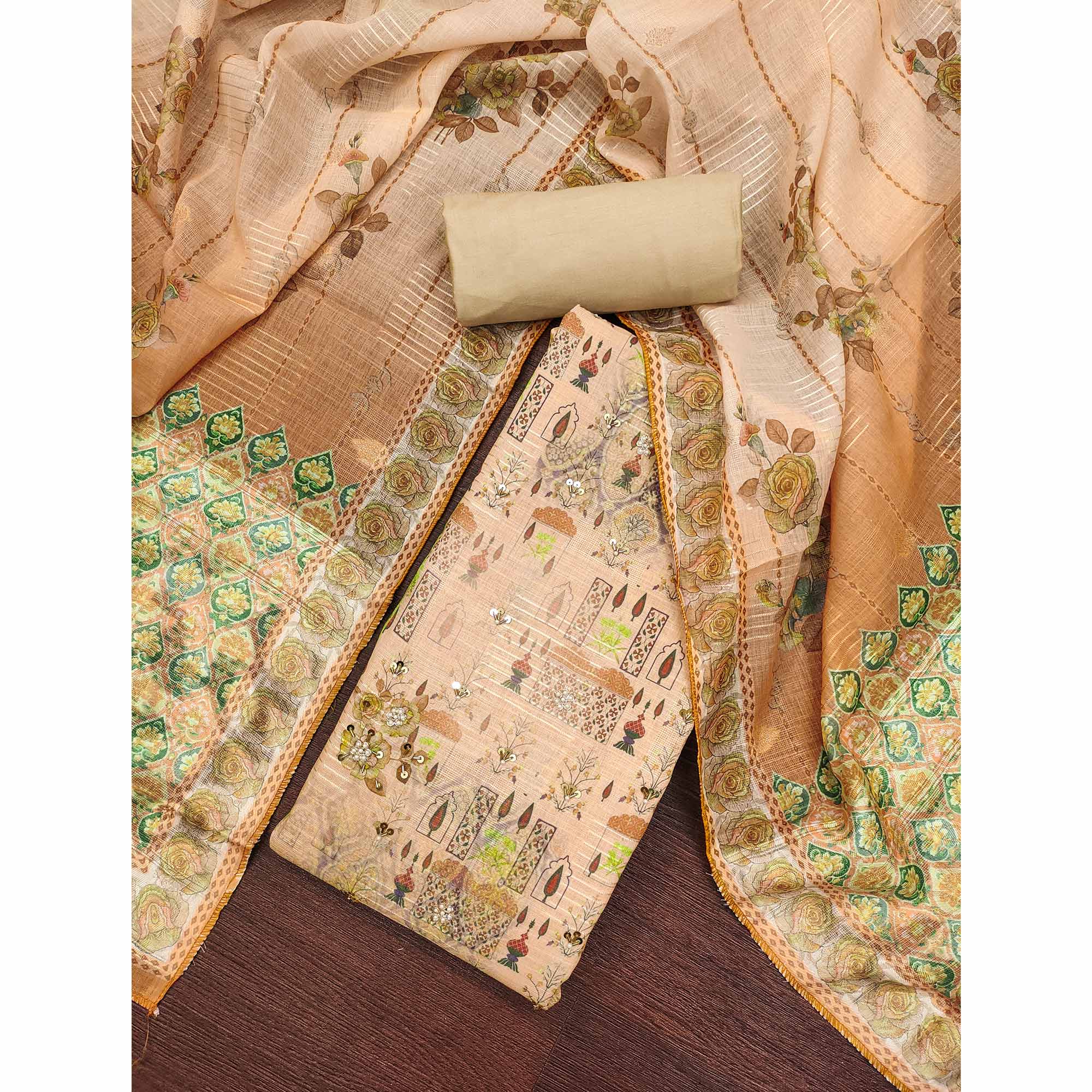 Mustard Digital Printed Viscose Cotton Dress Material With Intricate Moti & Sequins Handwork - Image 3