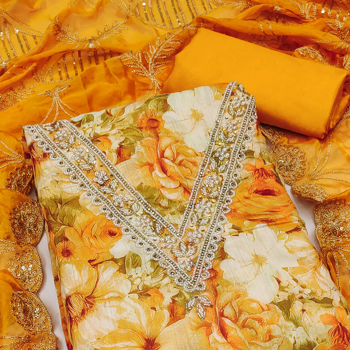 Mustard Digital Printed With Handwork Viscose Banarasi Dress Material - Image 2
