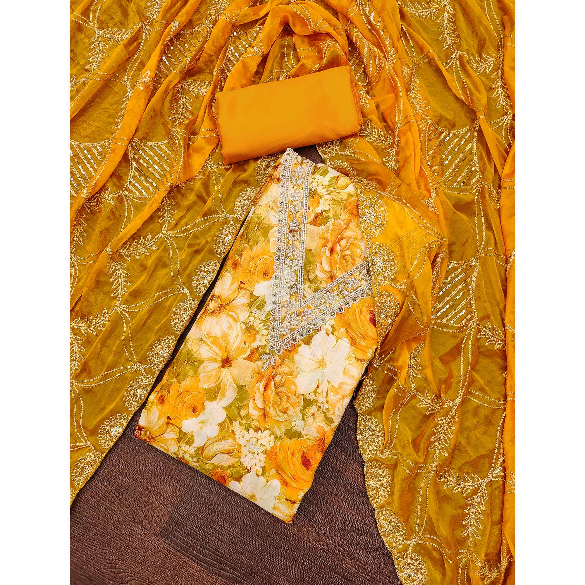 Mustard Digital Printed With Handwork Viscose Banarasi Dress Material - Image 3