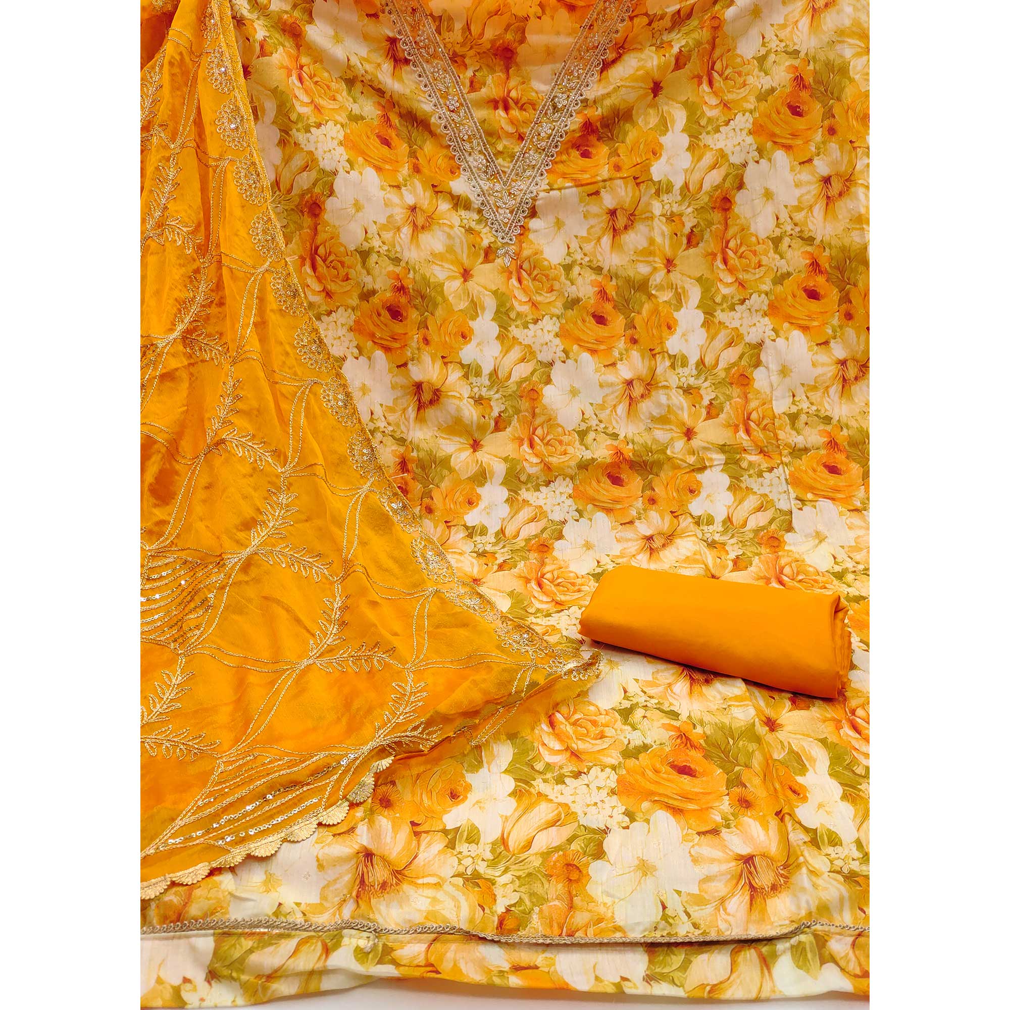Mustard Digital Printed With Handwork Viscose Banarasi Dress Material - Image 4