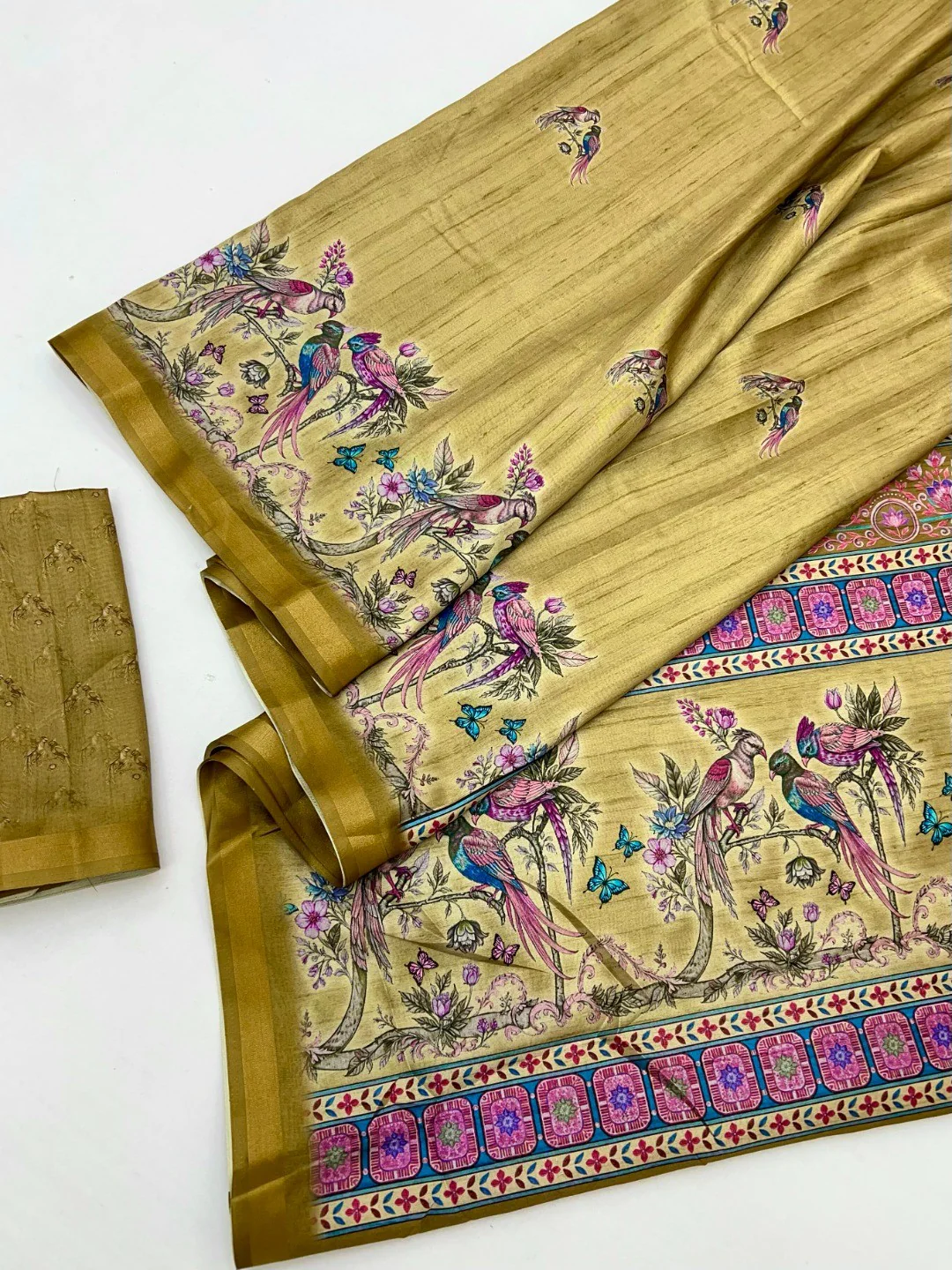 Mustard Dola Silk Saree with Elegant Digital Print and Zari Border - Image 3