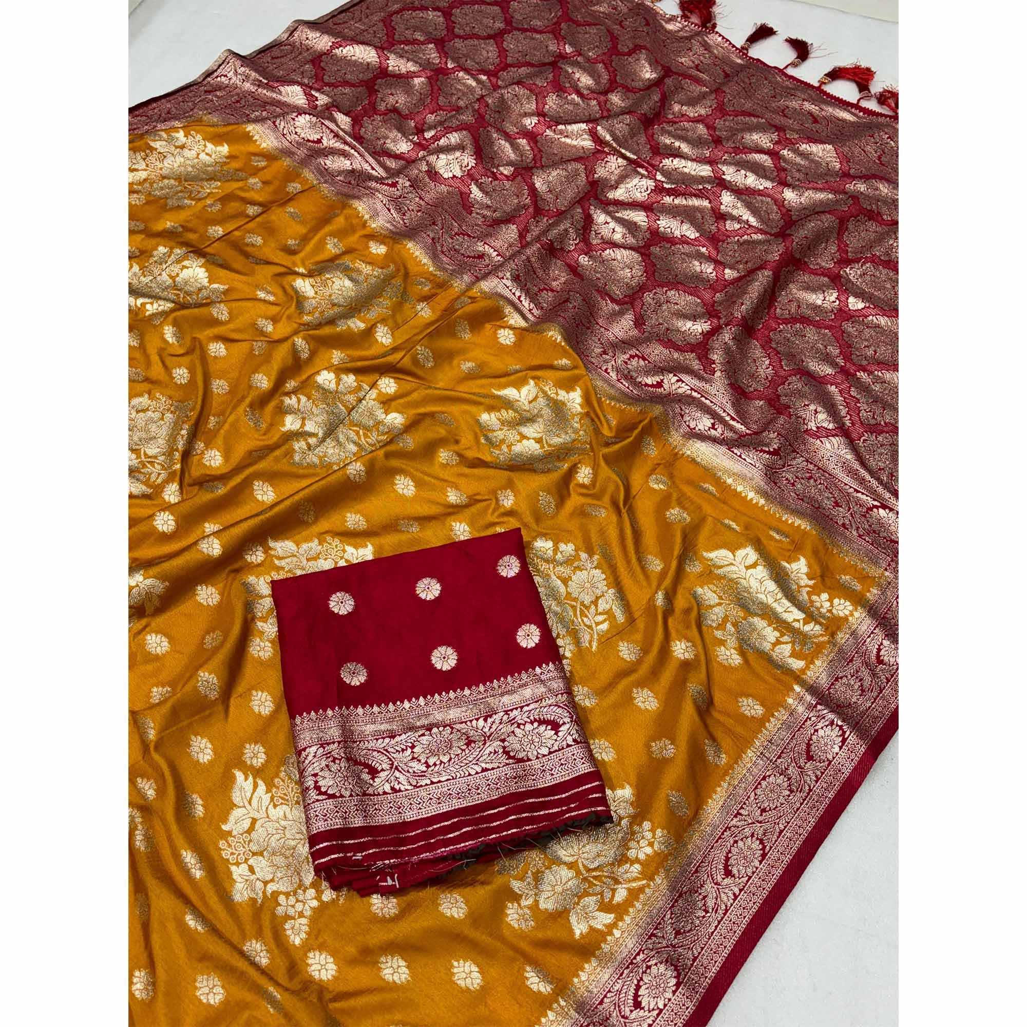 Mustard Dola Silk Woven Saree with Allover Zari Butti Design - Image 2