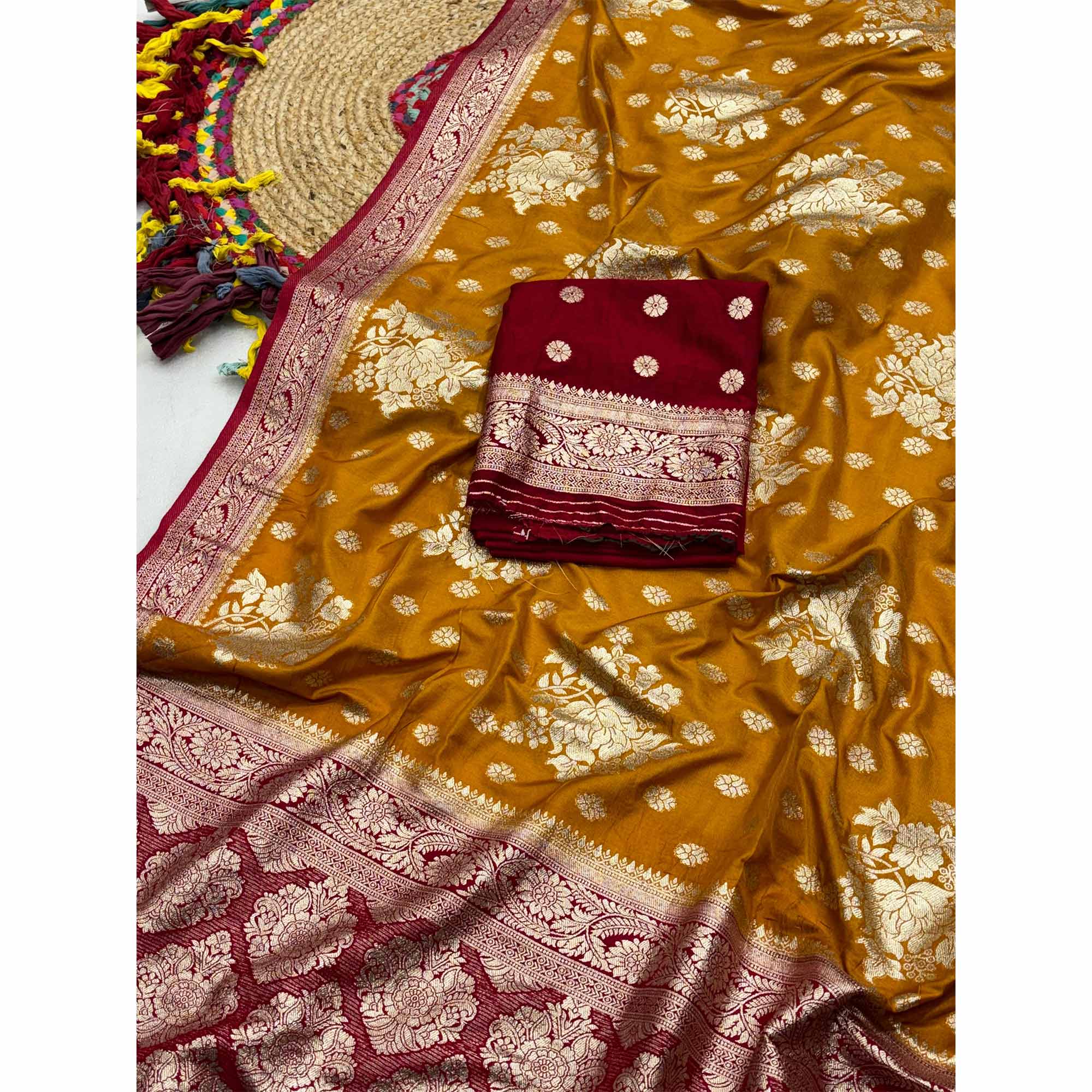 Mustard Dola Silk Woven Saree with Allover Zari Butti Design - Image 3