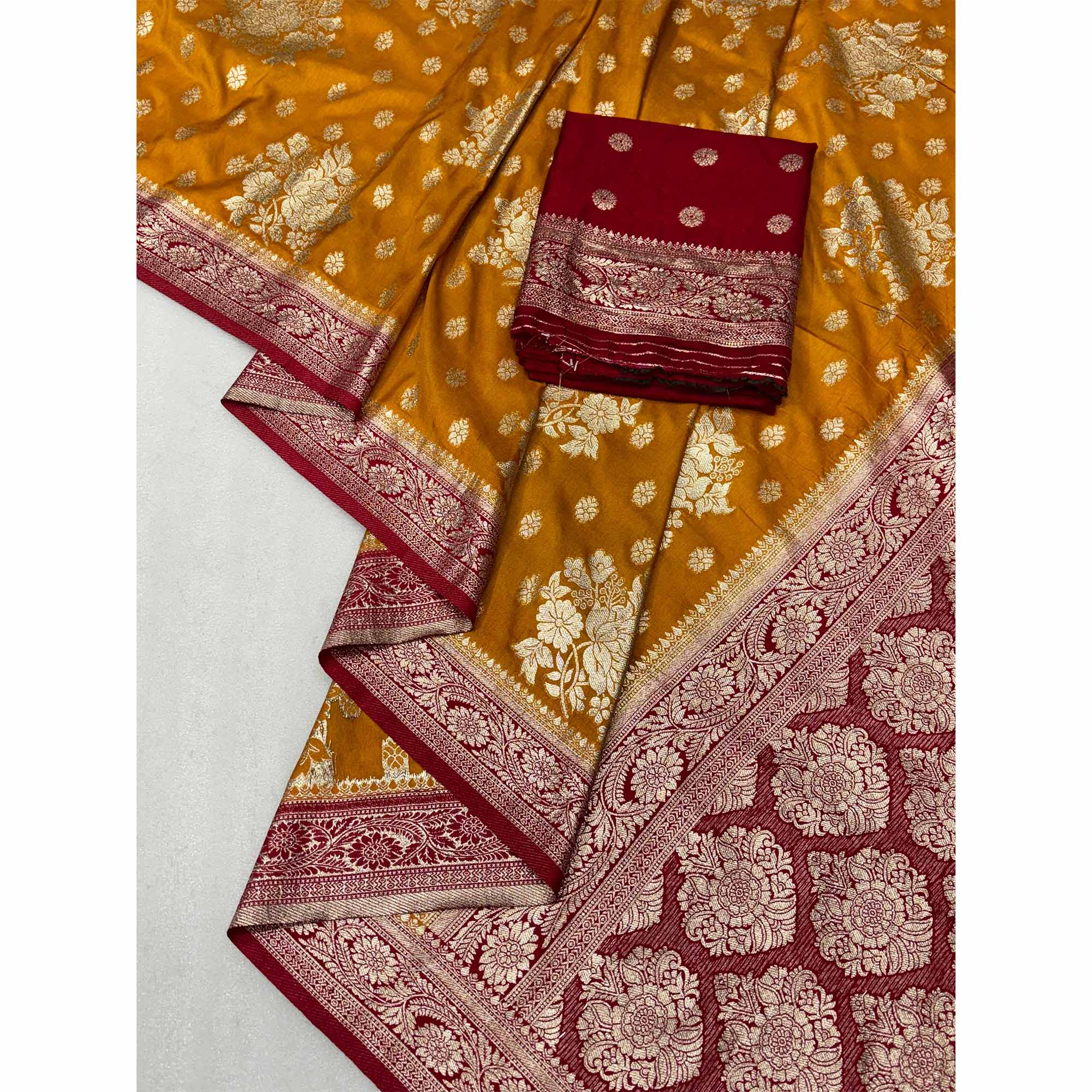 Mustard Dola Silk Woven Saree with Allover Zari Butti Design - Image 5