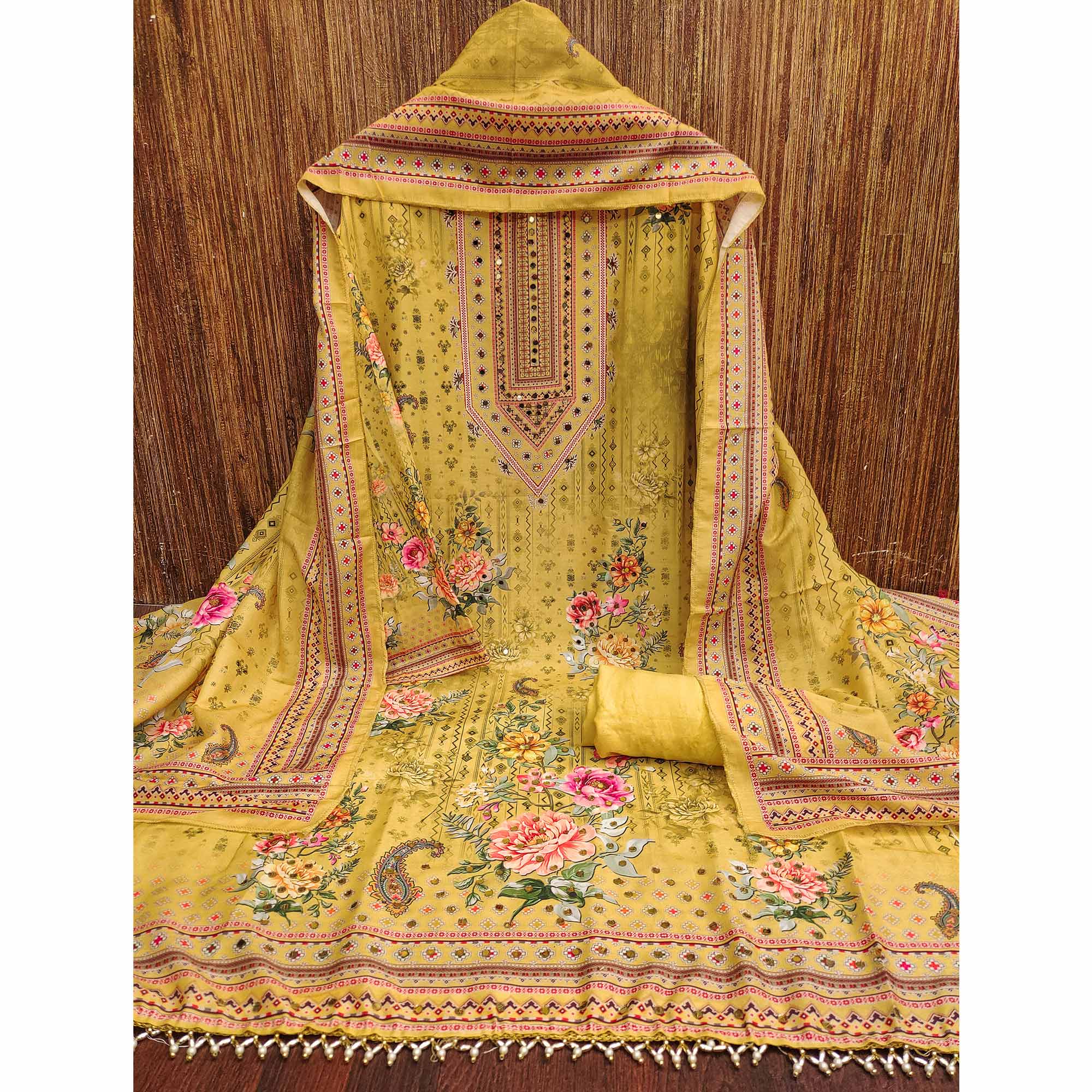 Mustard Dress Material in Muslin with Delicate Mirror Highlights - Image 3