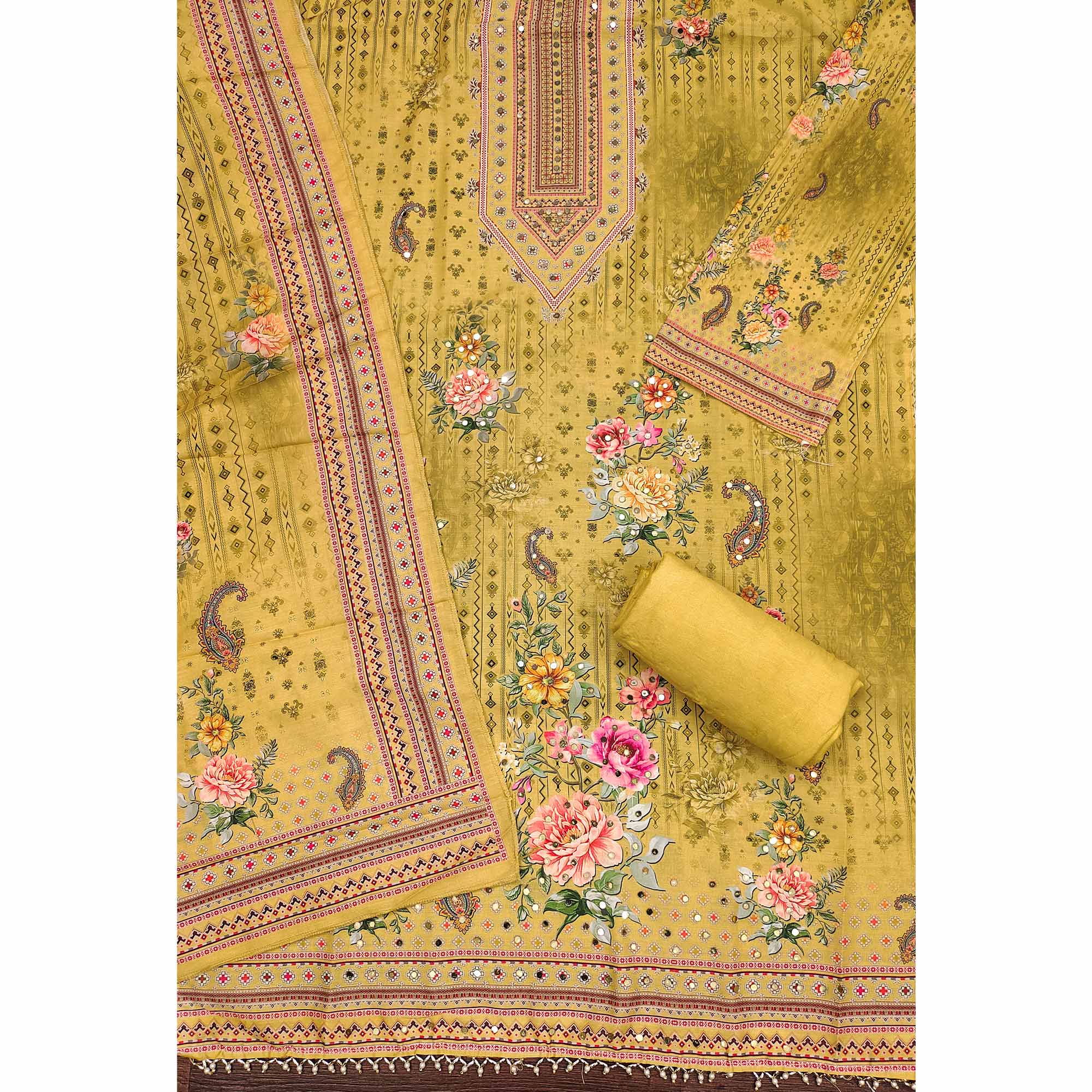 Mustard Dress Material in Muslin with Delicate Mirror Highlights - Image 4