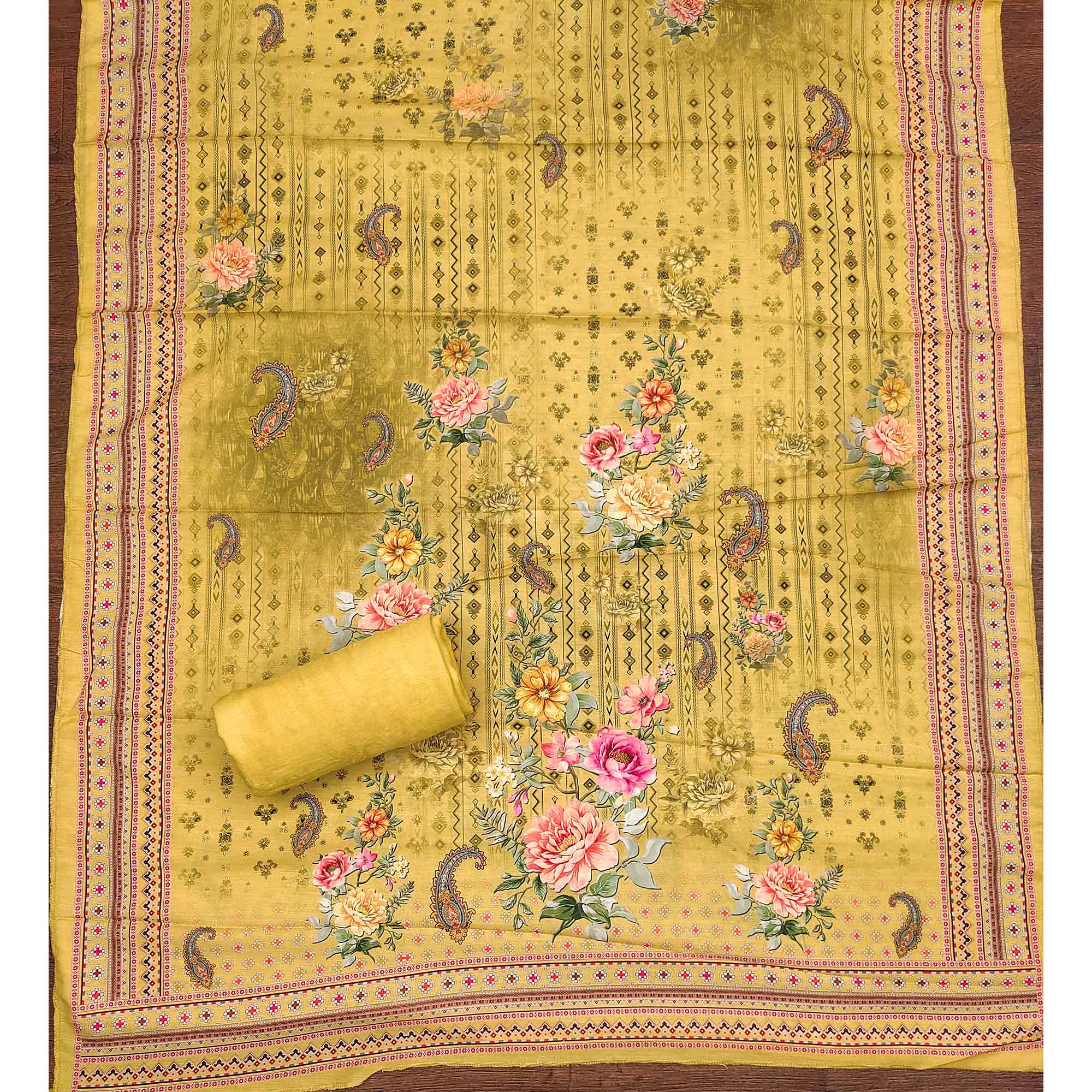 Mustard Dress Material in Muslin with Delicate Mirror Highlights - Image 5