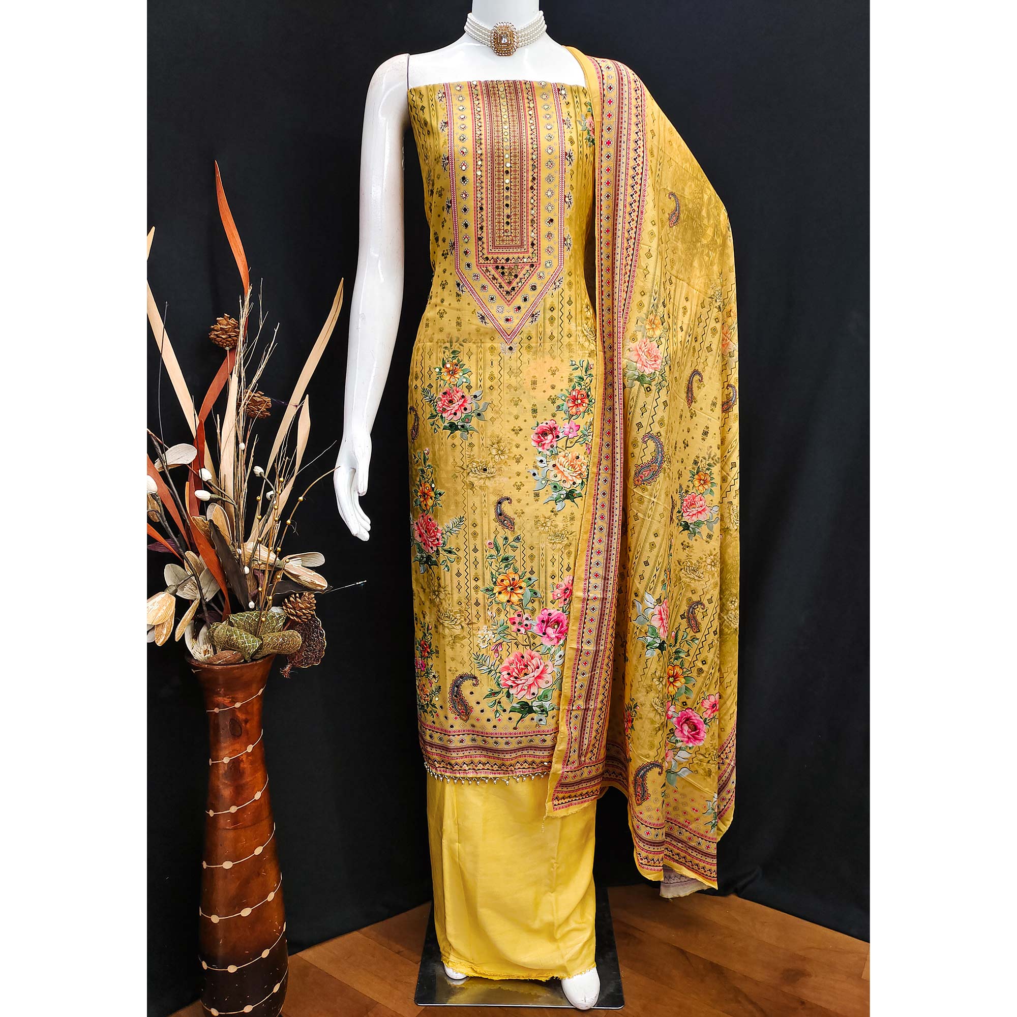 Mustard Dress Material in Muslin with Delicate Mirror Highlights - Image 6