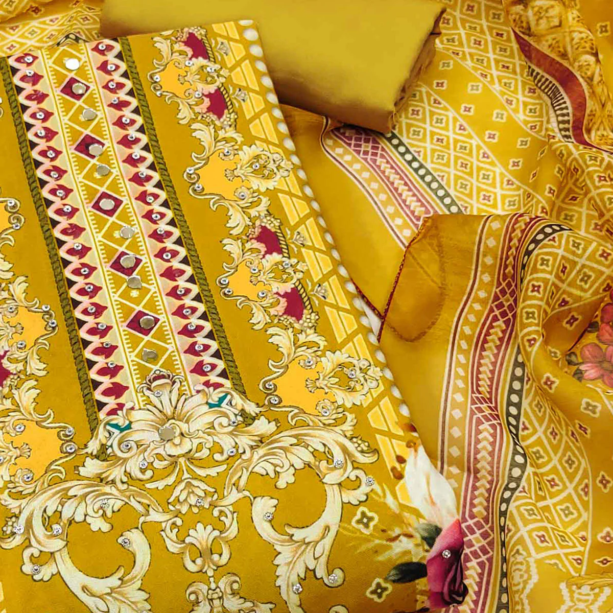 Mustard Dress Material in Rayon with Delicate Floral Patterns - Image 2