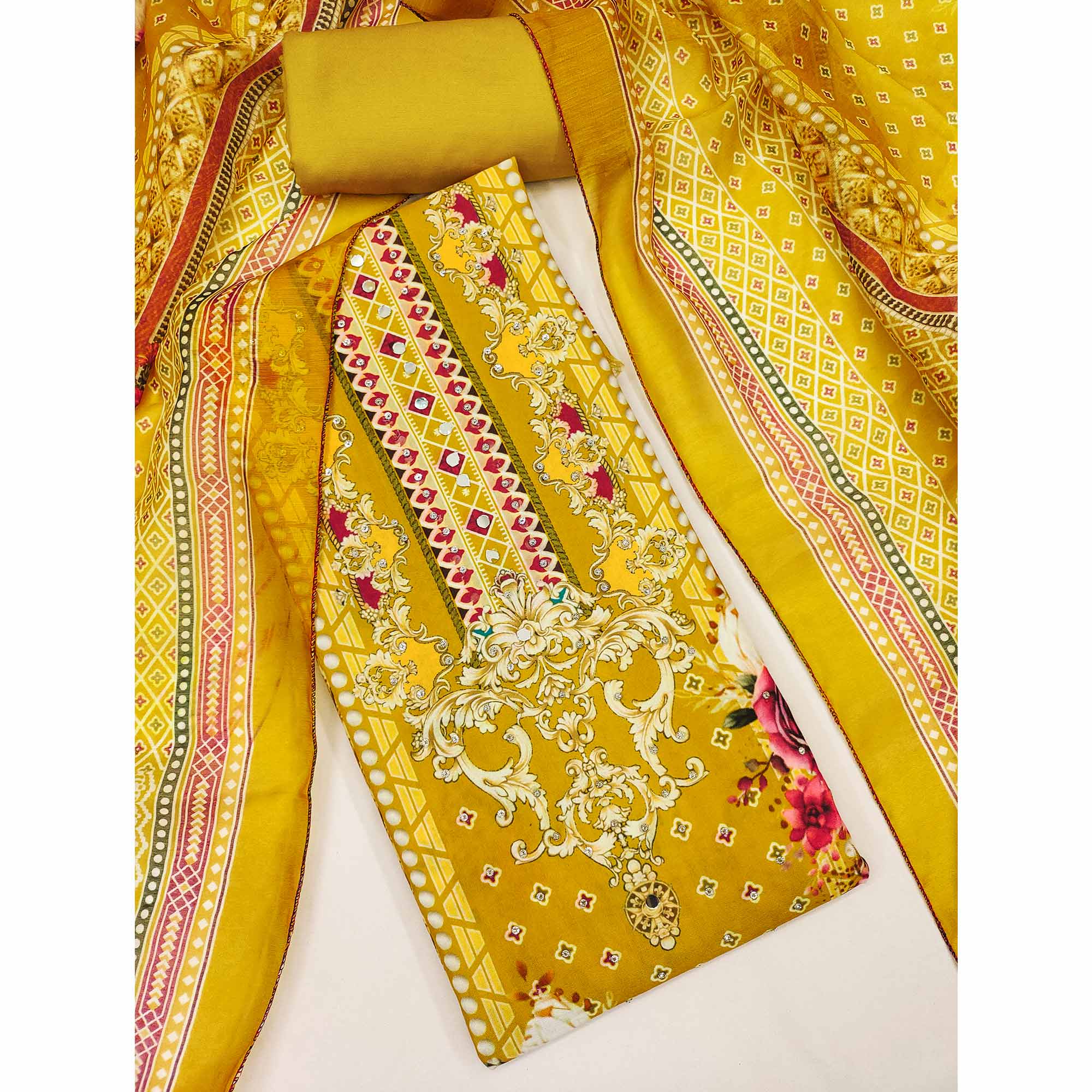 Mustard Dress Material in Rayon with Delicate Floral Patterns - Image 3