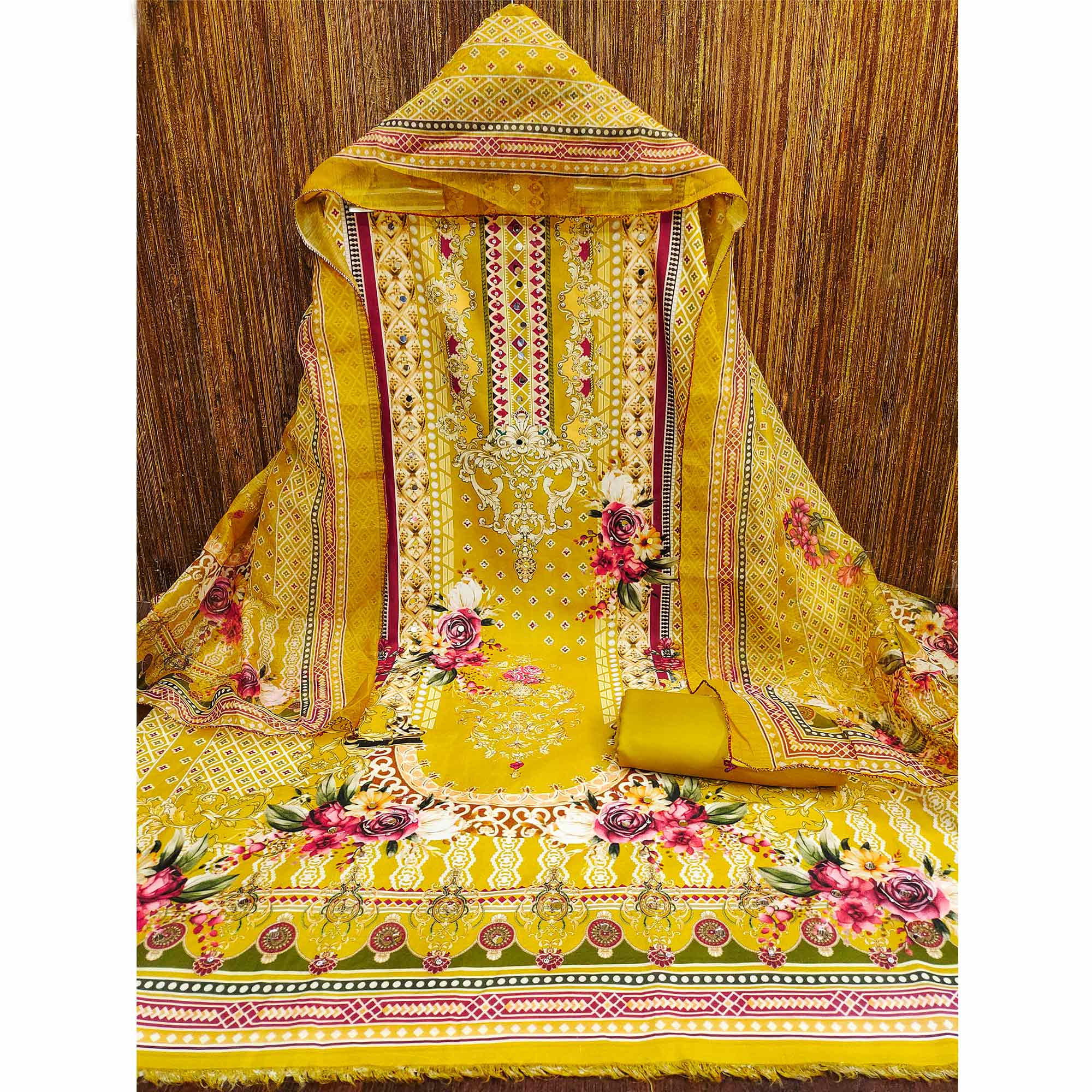 Mustard Dress Material in Rayon with Delicate Floral Patterns - Image 4