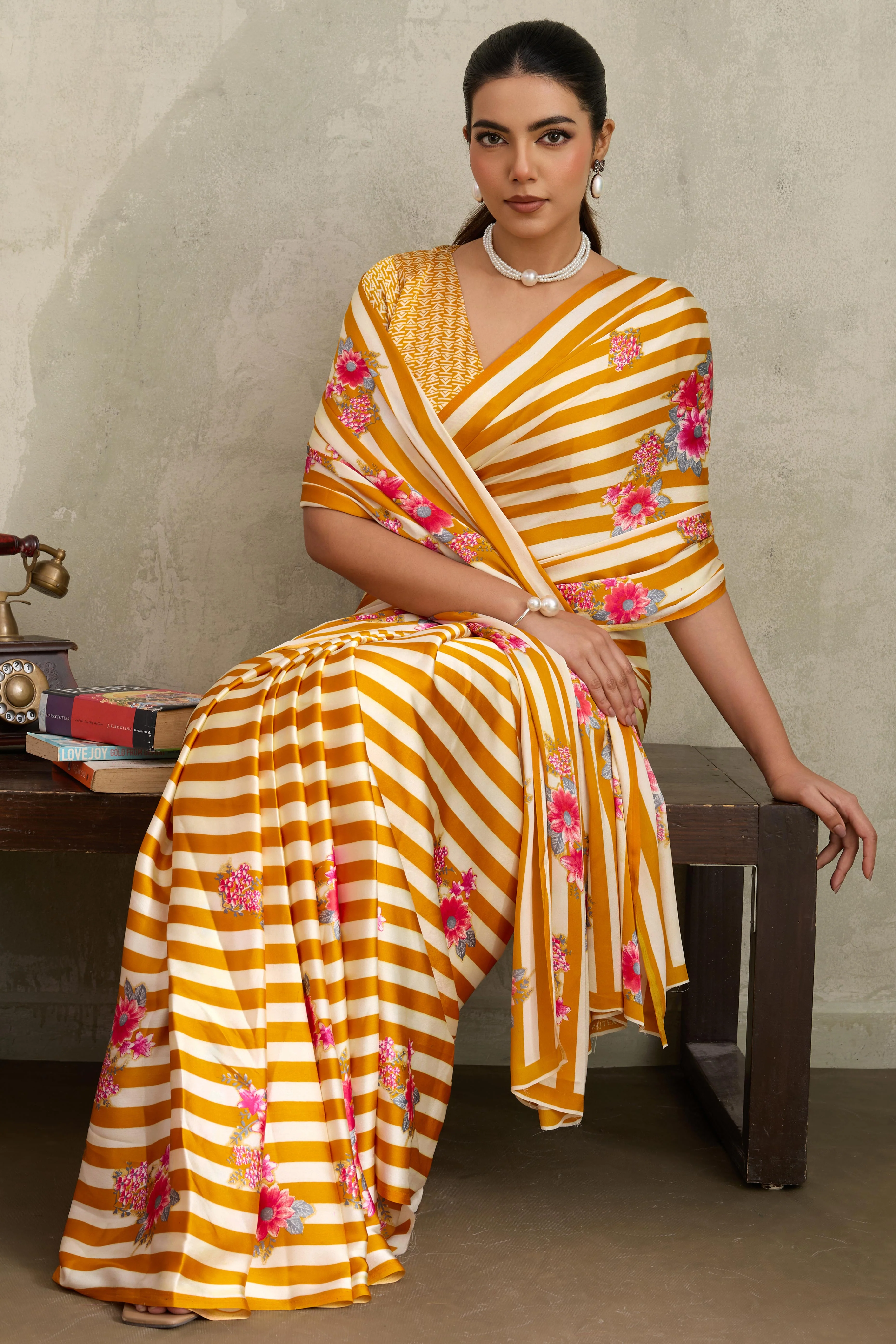Mustard Elegant Ajrakh Printed Modal Satin Saree Designed for Festive & Party Occasions - Image 4
