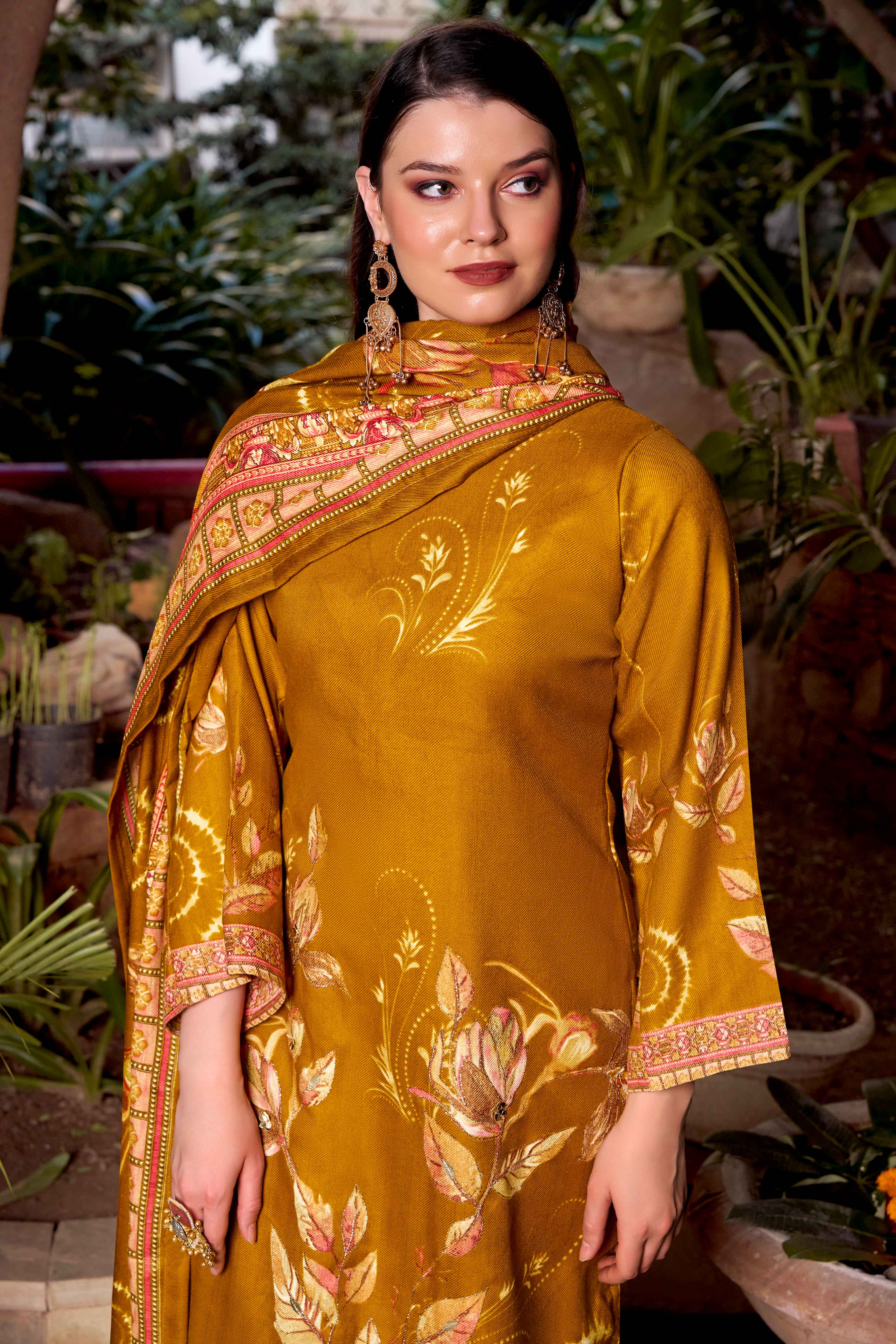 Mustard Elegant Floral Printed Pure Pashmina Dress Material for Winter Wear - Image 3