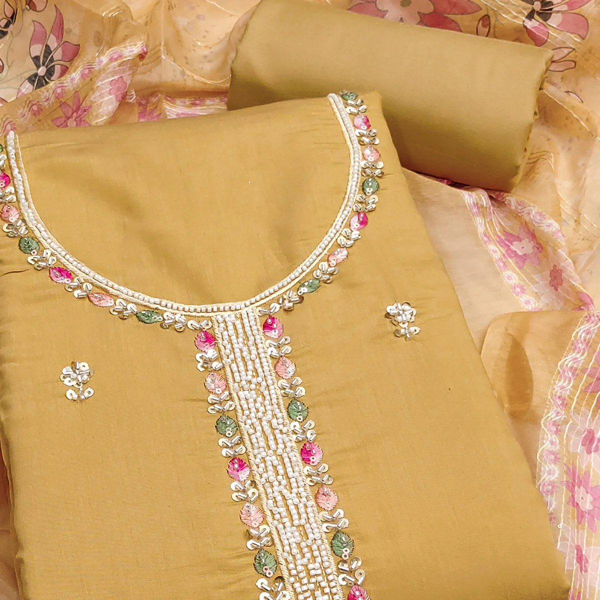 Mustard Embroidered Chanderi Silk Unstitched Dress Material with Delicate Beads Work - Image 2