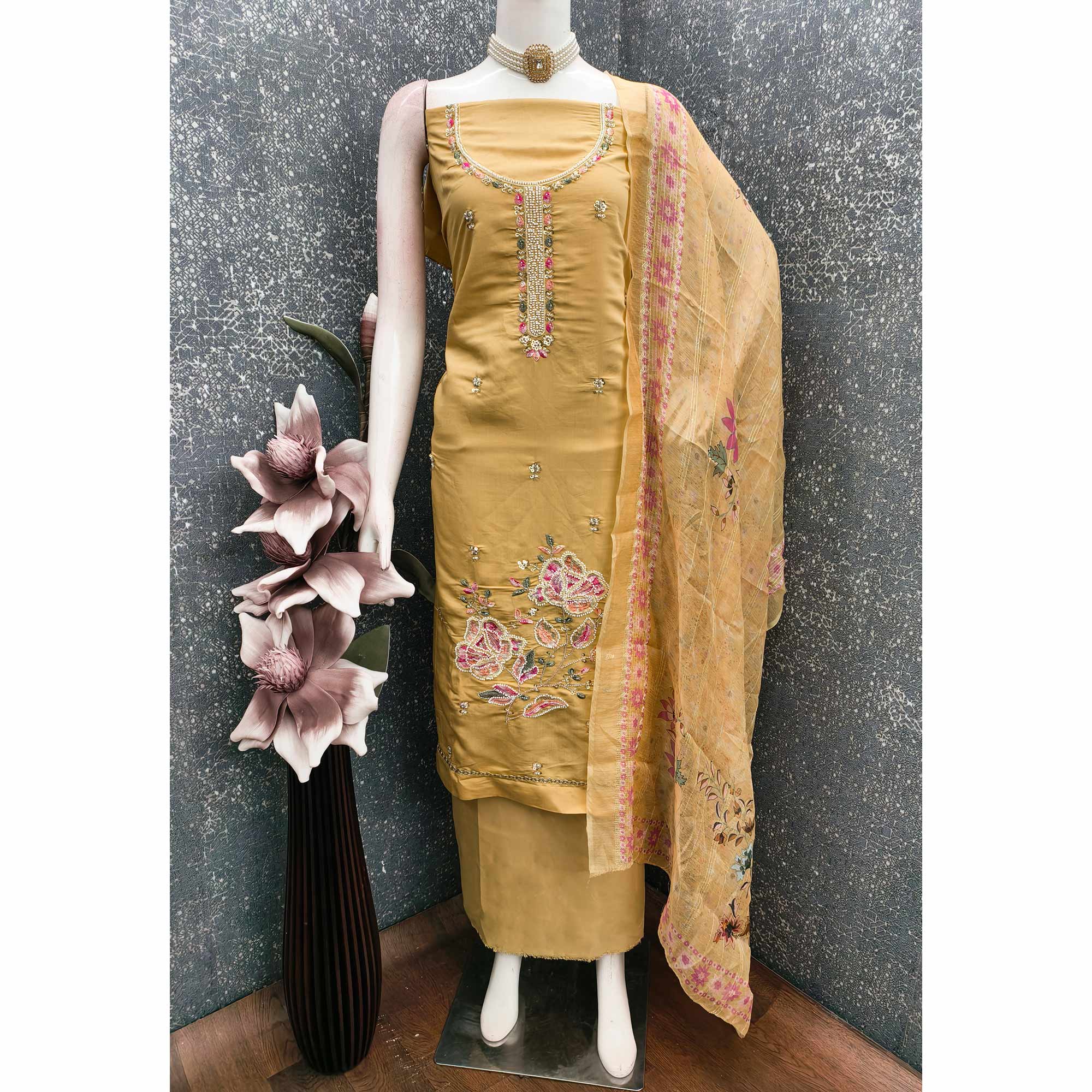 Mustard Embroidered Chanderi Silk Unstitched Dress Material with Delicate Beads Work - Image 3