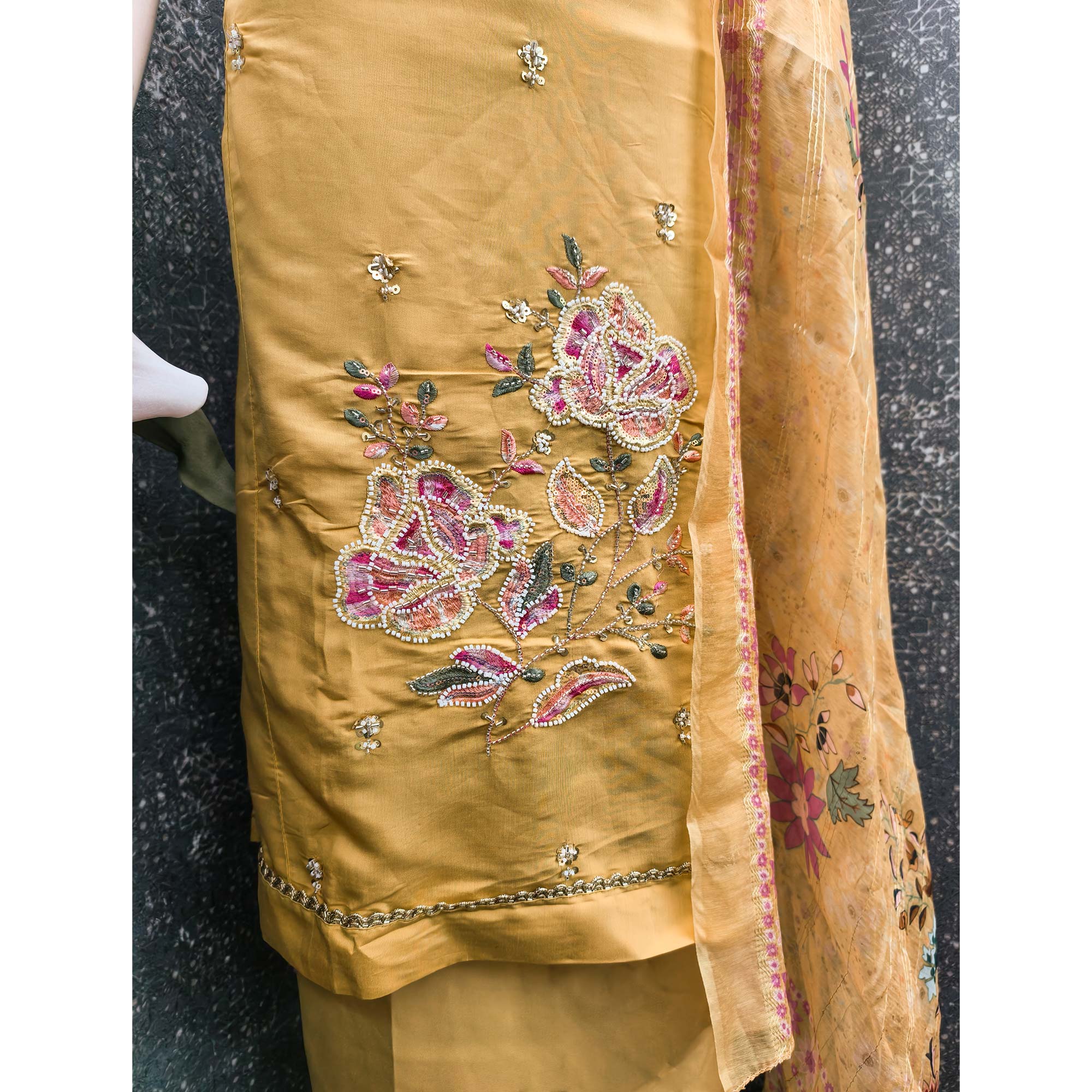 Mustard Embroidered Chanderi Silk Unstitched Dress Material with Delicate Beads Work - Image 4