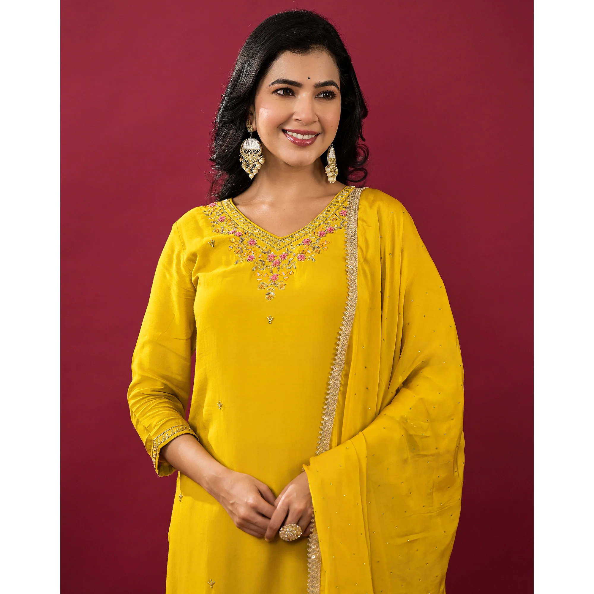 Mustard Embroidered Muslin Straight Salwar Suit - Image 10