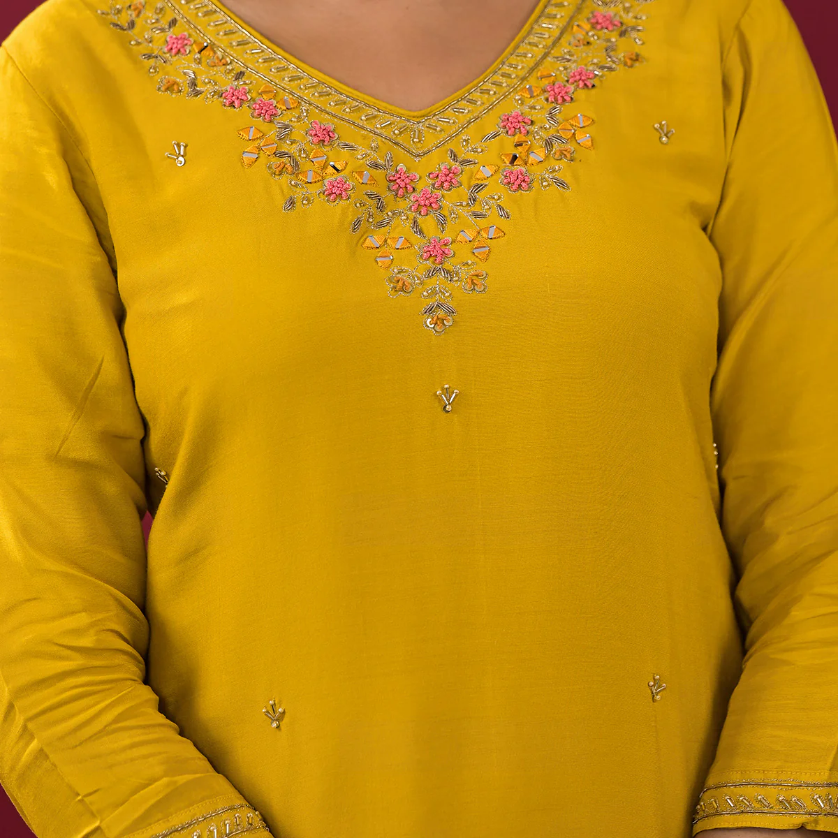 Mustard Embroidered Muslin Straight Salwar Suit - Image 3