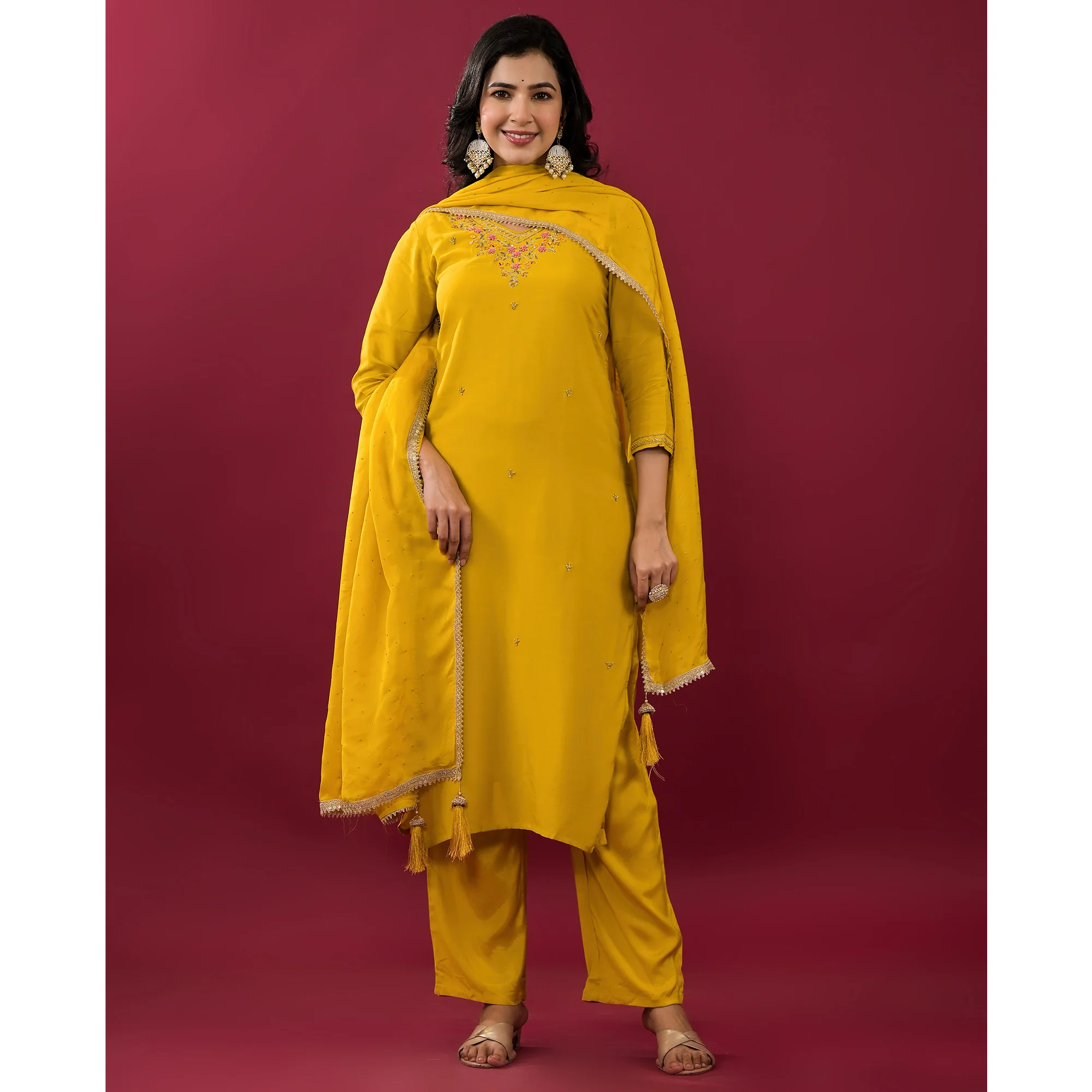 Mustard Embroidered Muslin Straight Salwar Suit - Image 4
