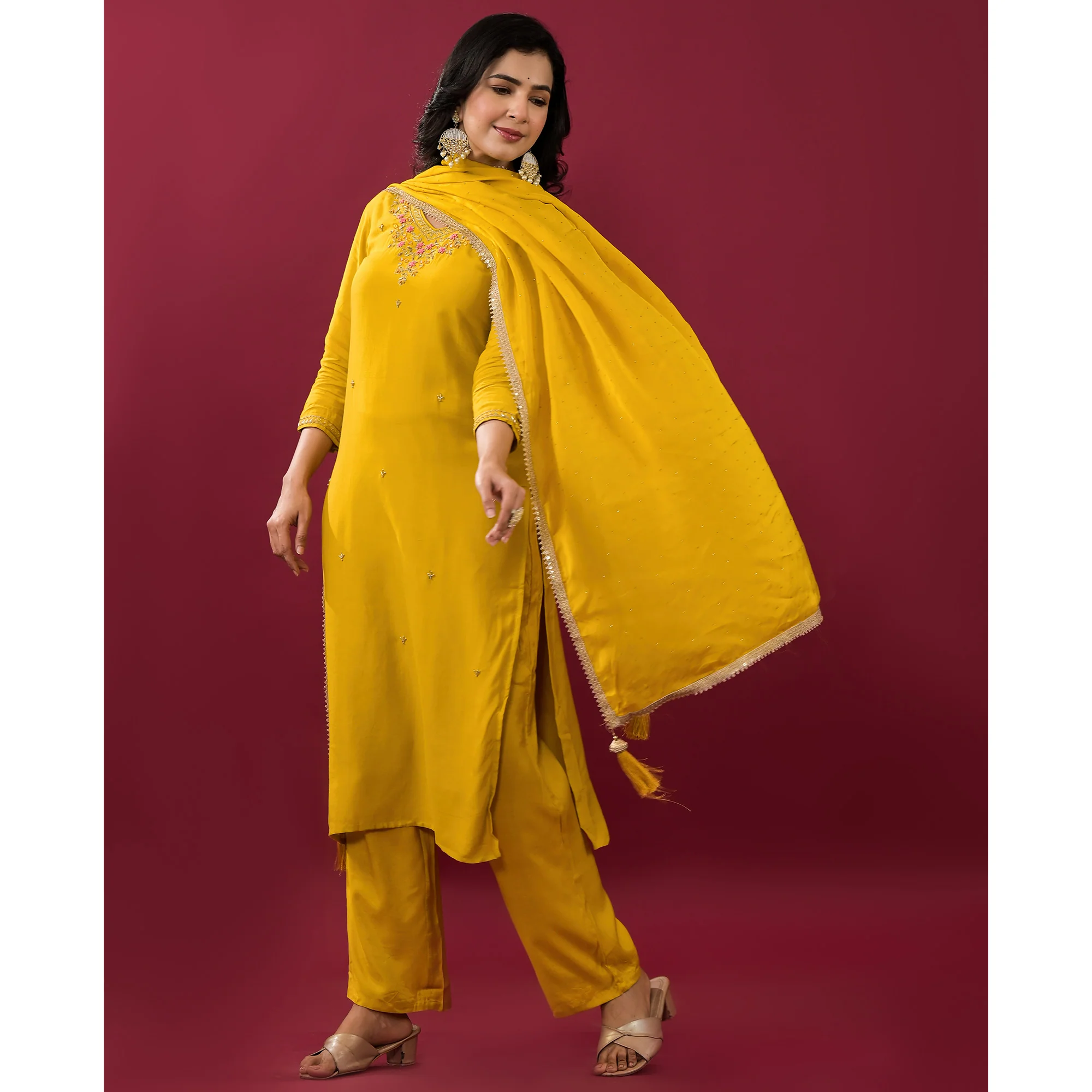 Mustard Embroidered Muslin Straight Salwar Suit - Image 5