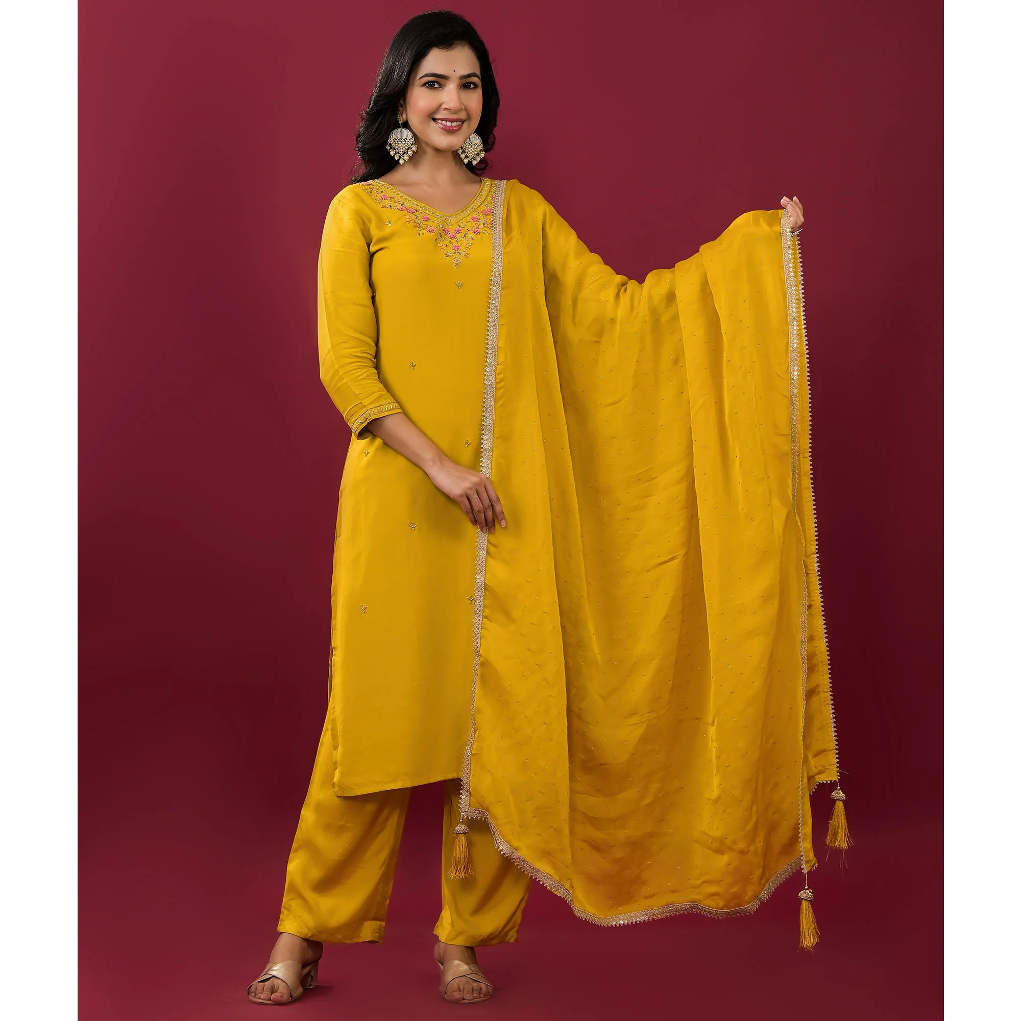 Mustard Embroidered Muslin Straight Salwar Suit - Image 6