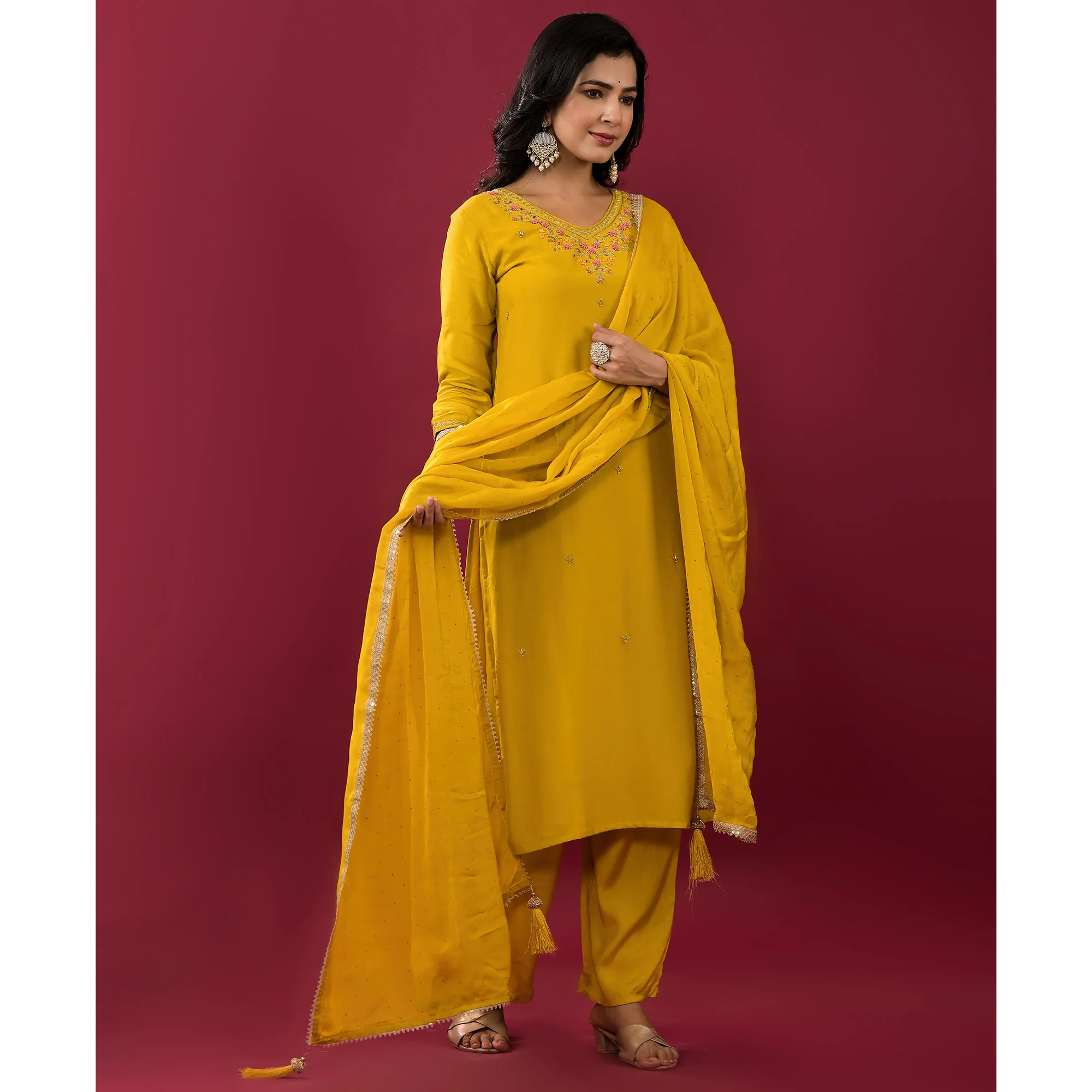 Mustard Embroidered Muslin Straight Salwar Suit - Image 7