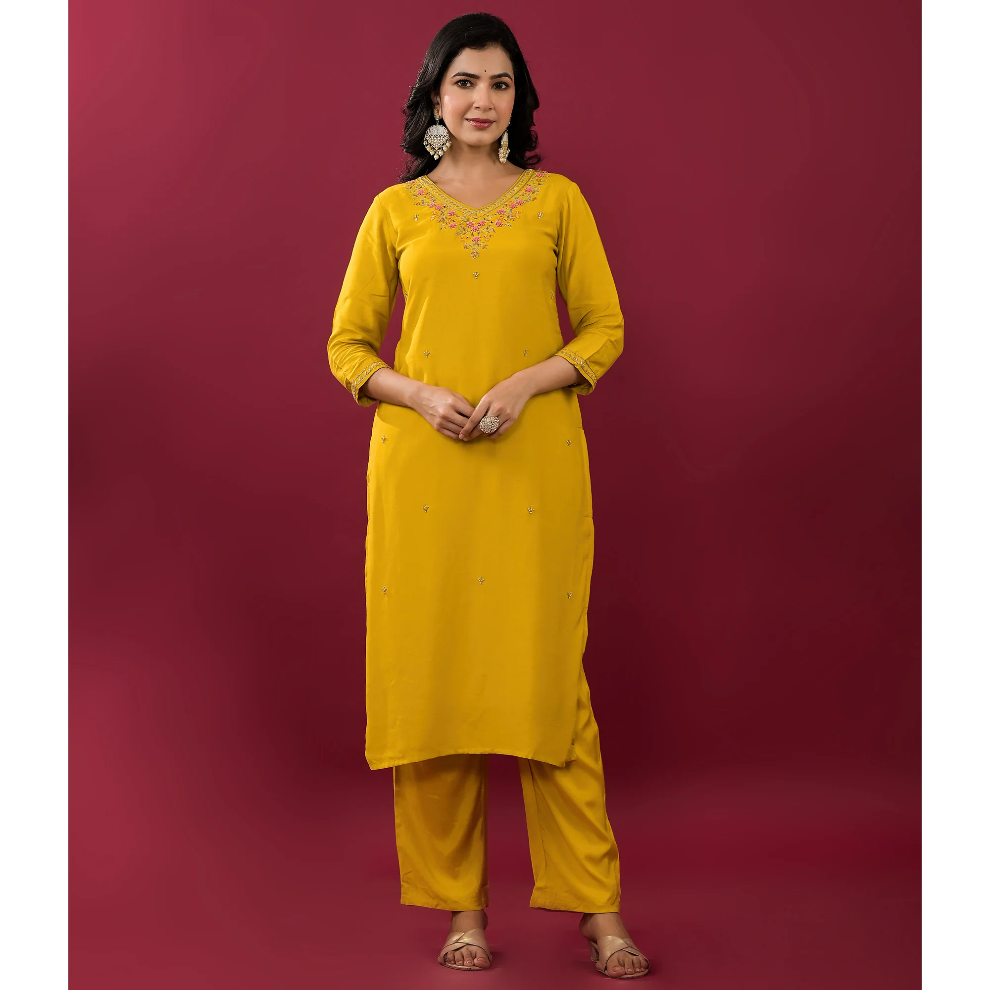 Mustard Embroidered Muslin Straight Salwar Suit - Image 8