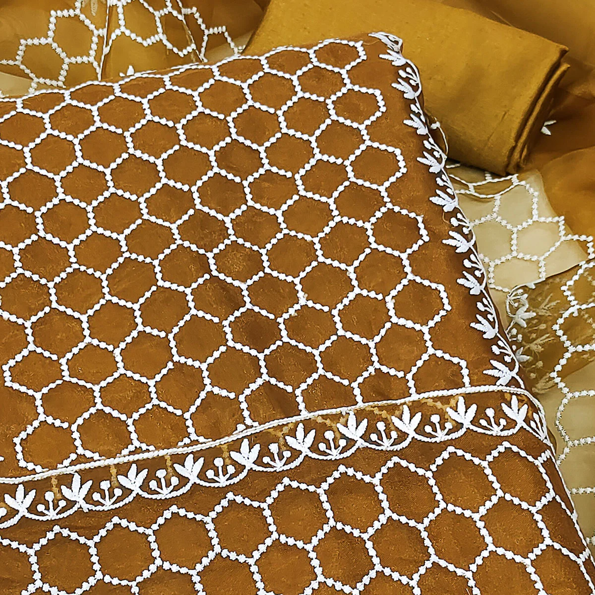 Mustard Embroidered Organza Dress Material - Image 2