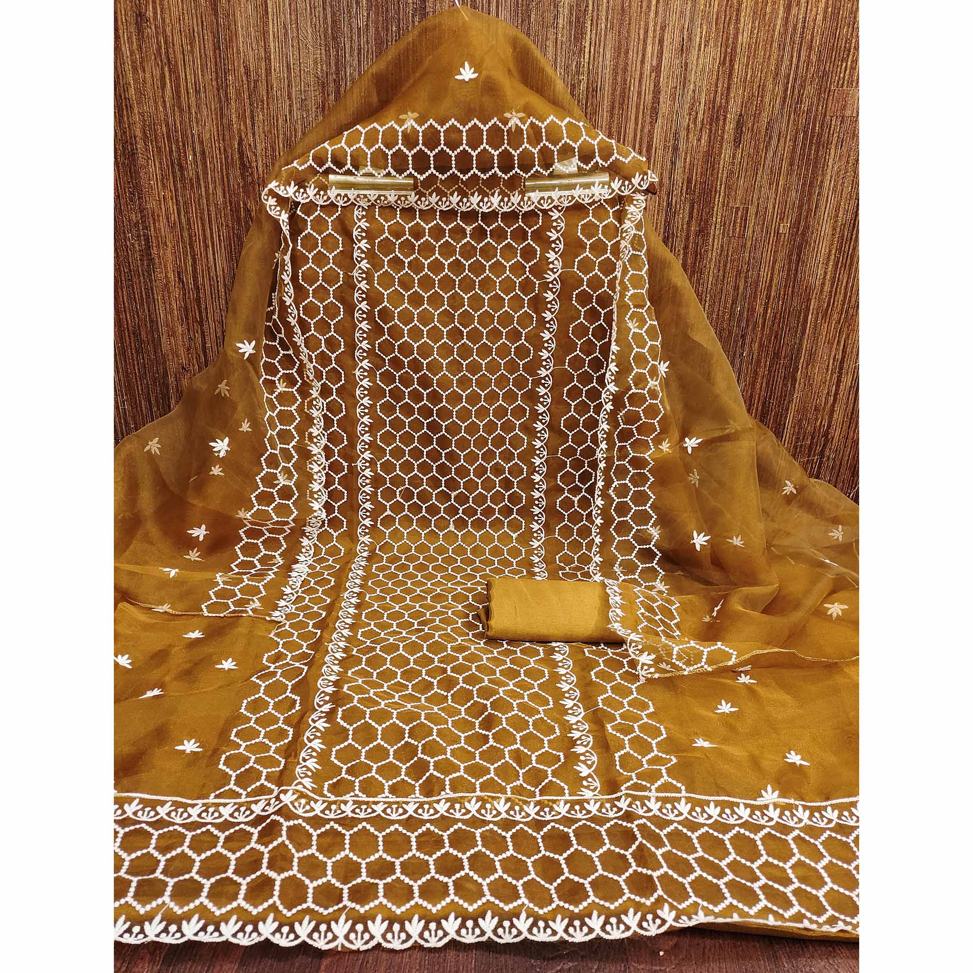 Mustard Embroidered Organza Dress Material - Image 3