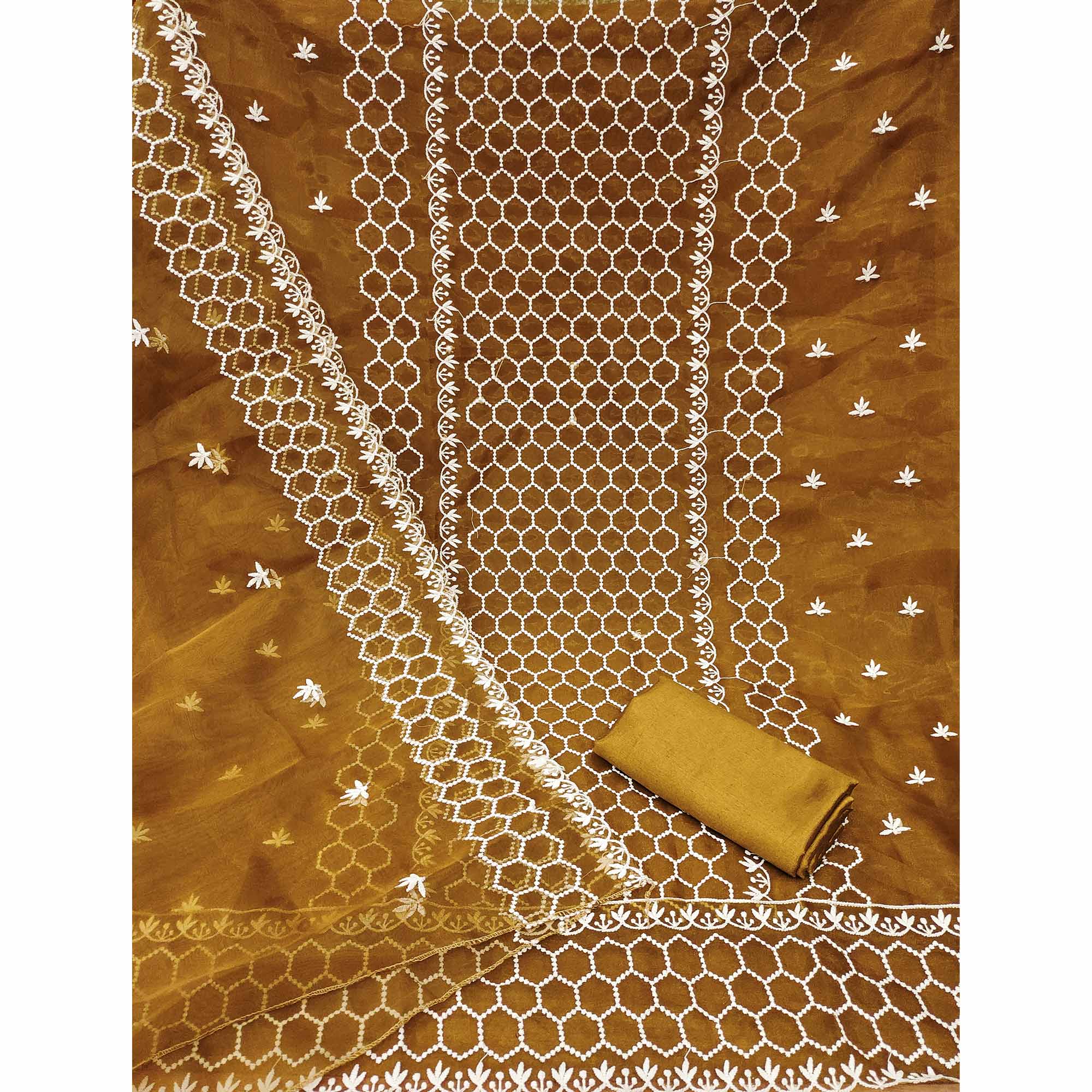 Mustard Embroidered Organza Dress Material - Image 4