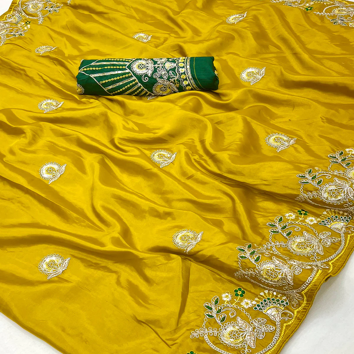Mustard Embroidered Satin Saree with Smooth Texture and Graceful Festive Appeal - Image 2