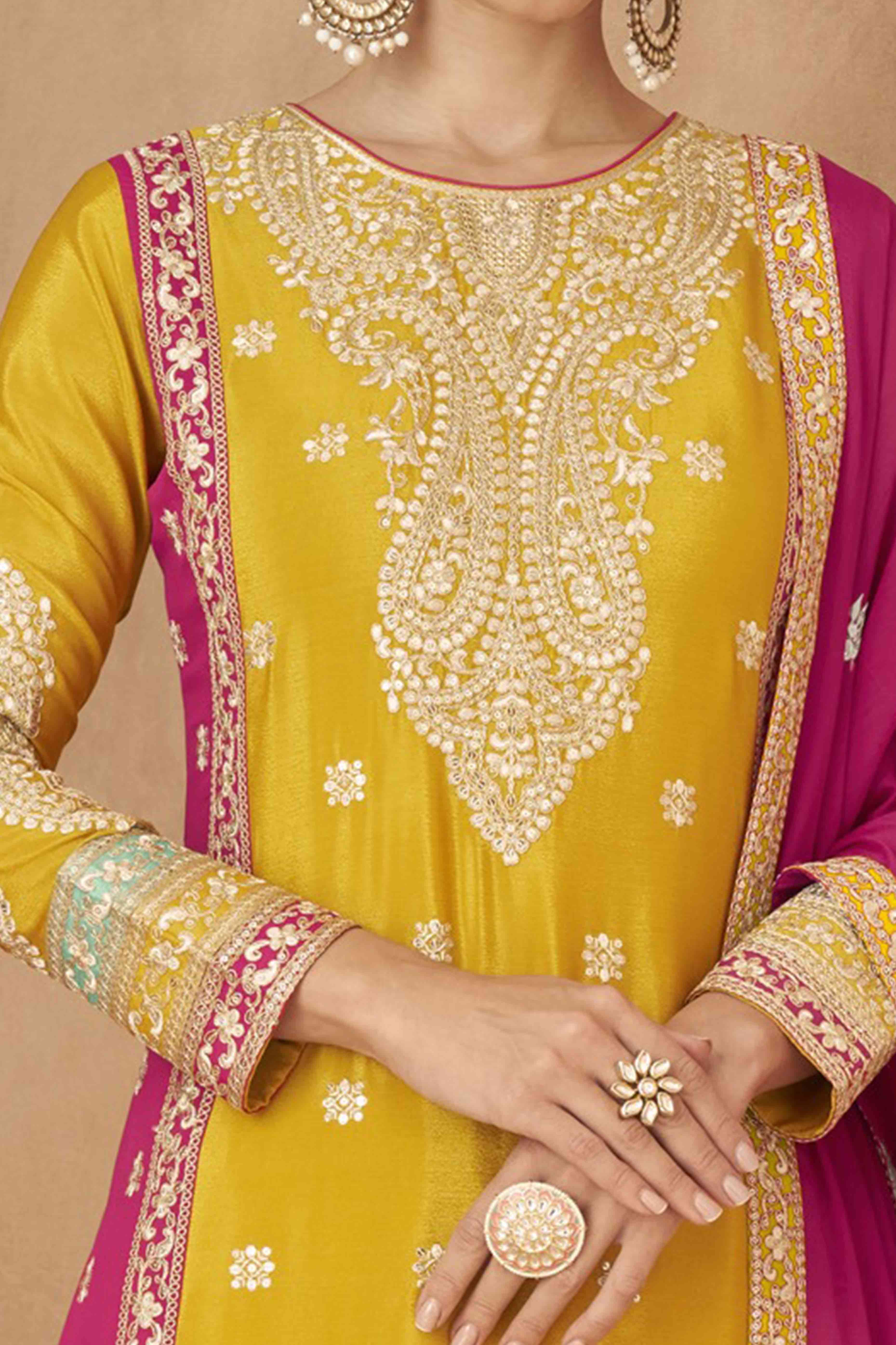 Mustard Embroidered Sequins Work Chinon Semi-Stitched Salwar Suit - Image 2