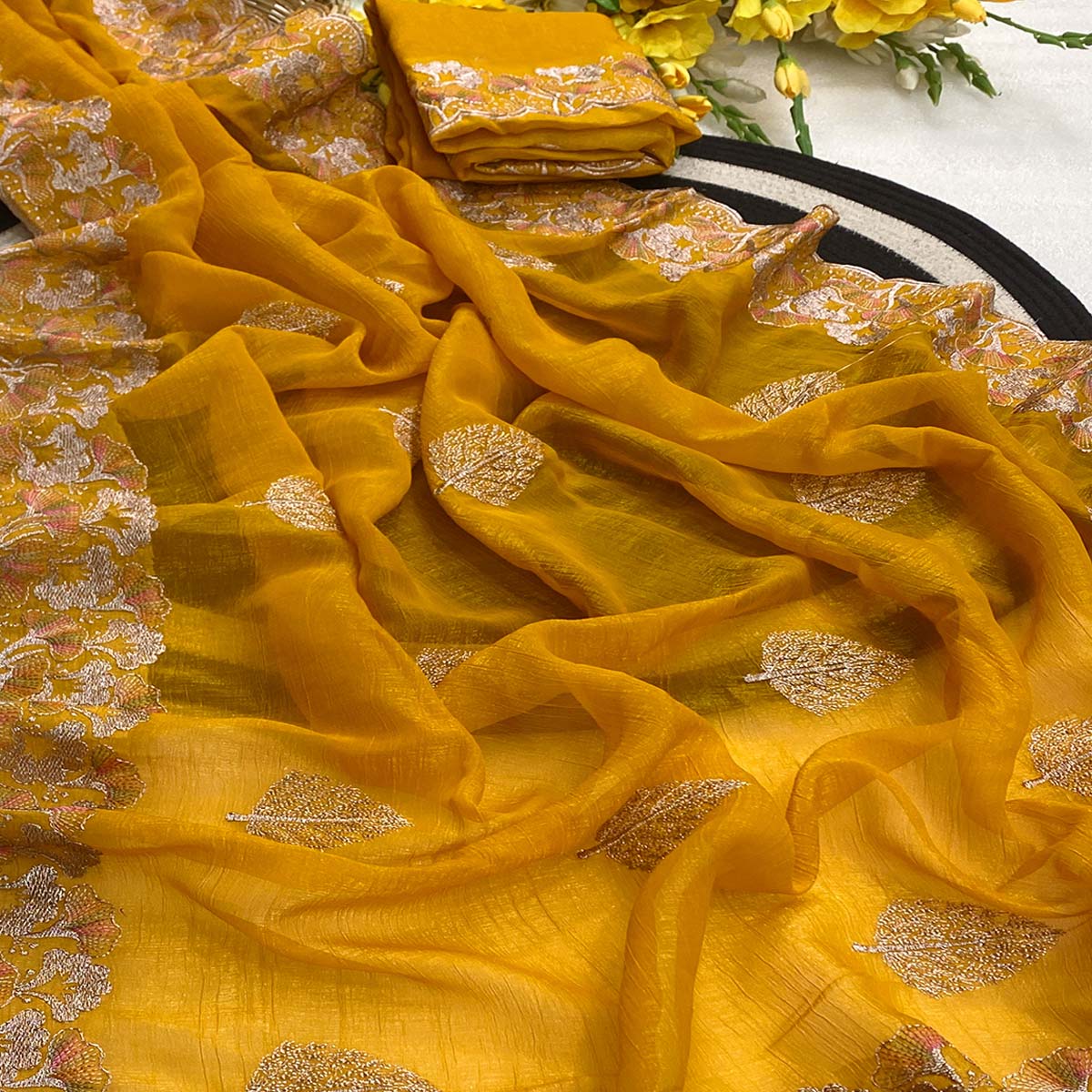 Mustard Embroidered Thread Work Saree in Flowy Chiffon Silk - Image 2
