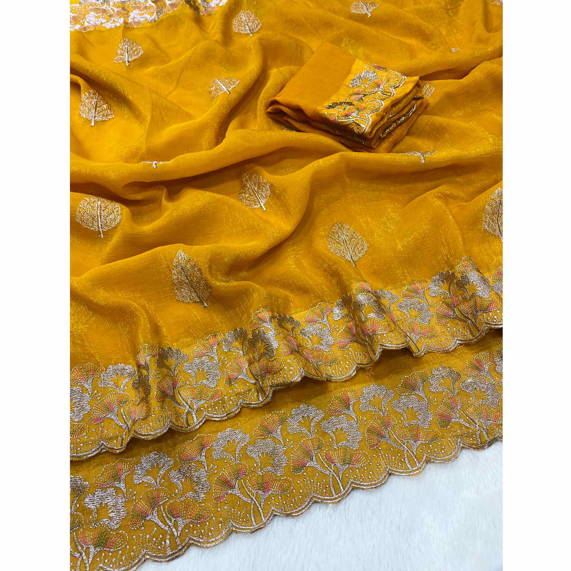 Mustard Embroidered Thread Work Saree in Flowy Chiffon Silk - Image 3