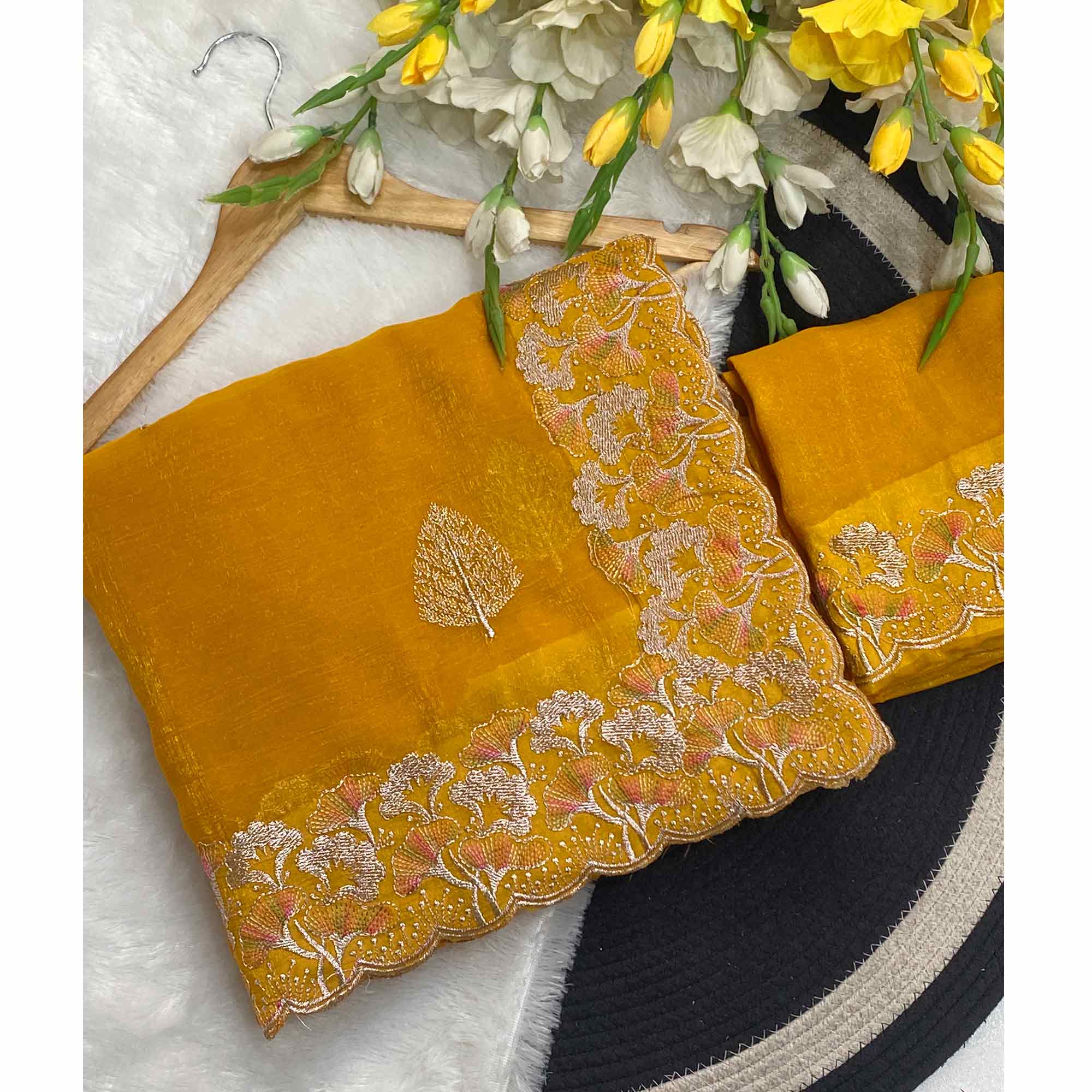 Mustard Embroidered Thread Work Saree in Flowy Chiffon Silk - Image 4