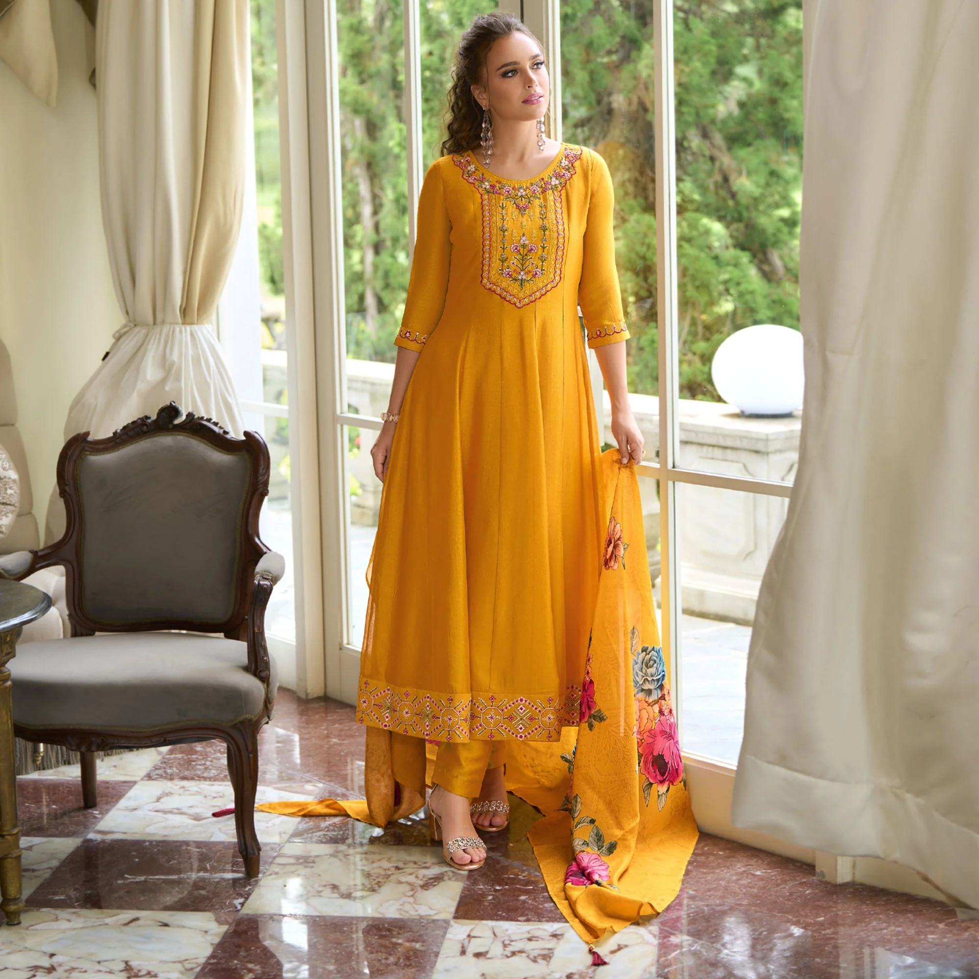 Mustard Embroidered Vichitra Silk Anarkali Salwar Suit - Image 4