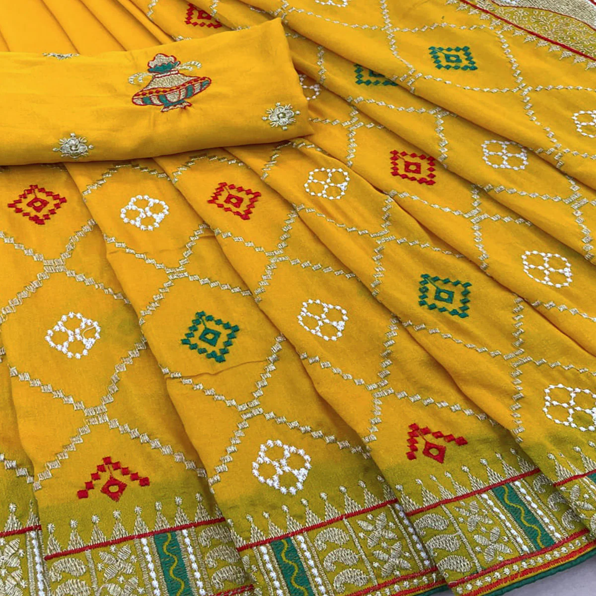 Mustard Embroidered Vichitra Silk Saree - Image 2