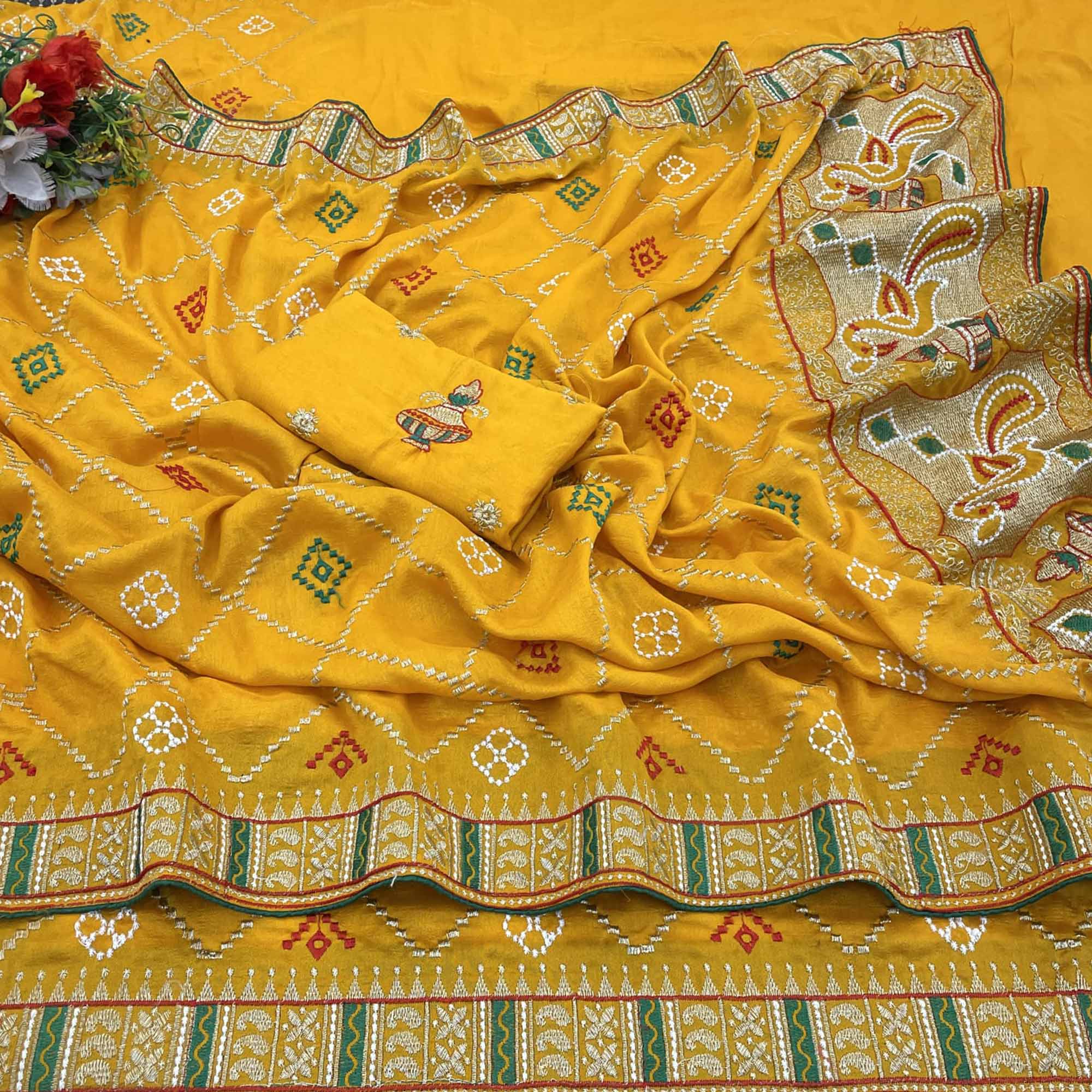 Mustard Embroidered Vichitra Silk Saree - Image 3