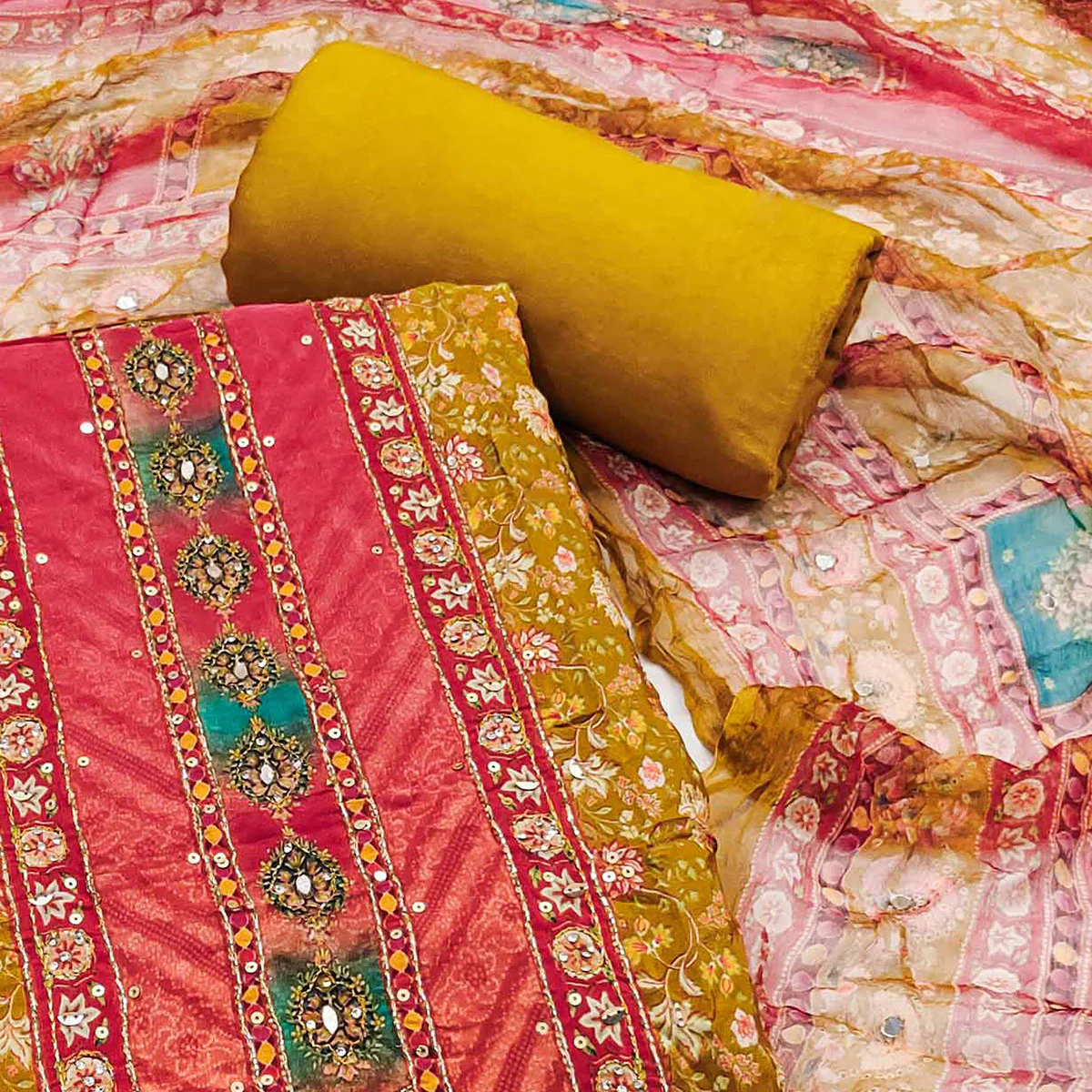 Mustard Embroidered With Printed Work Muslin Dress Material - Image 2