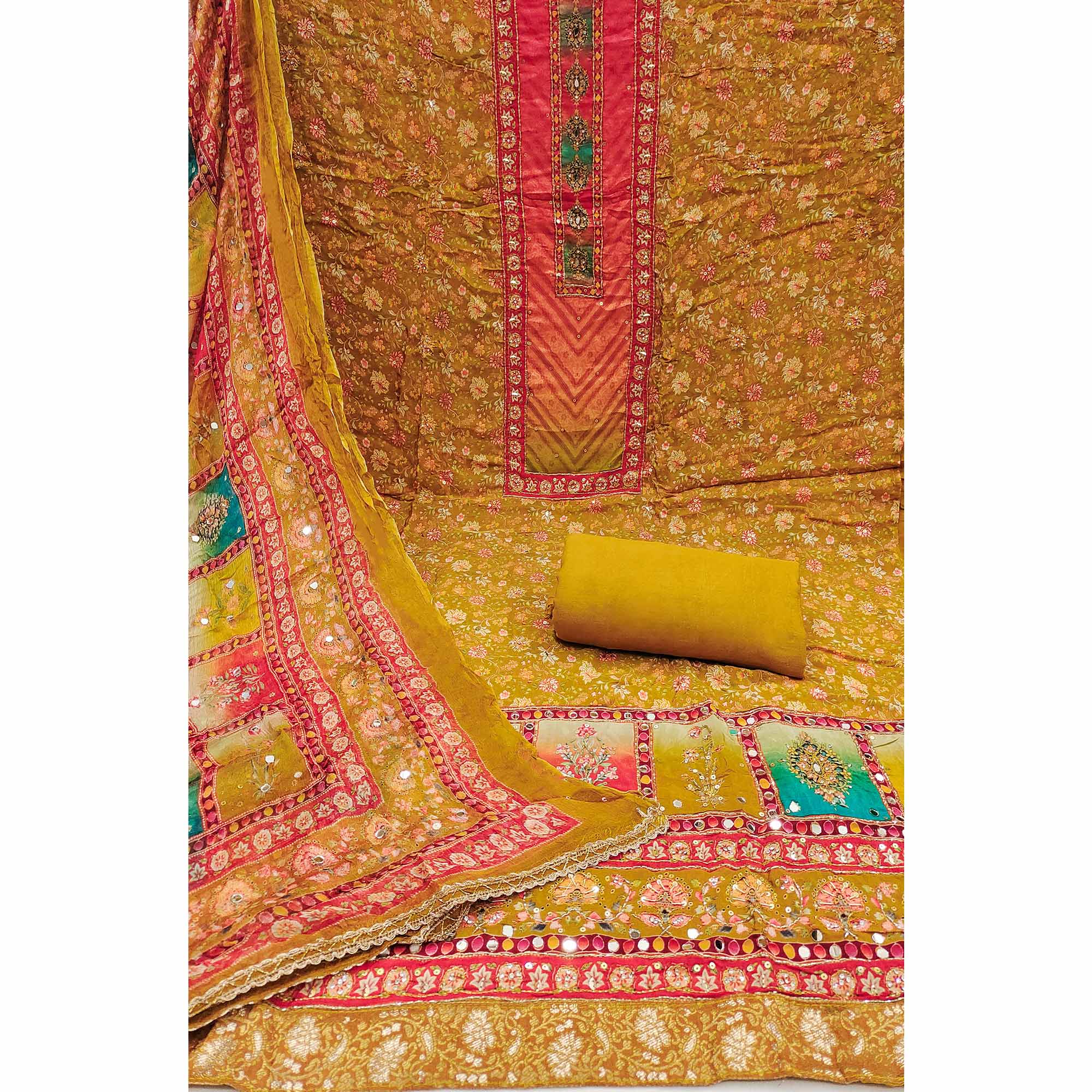 Mustard Embroidered With Printed Work Muslin Dress Material - Image 3