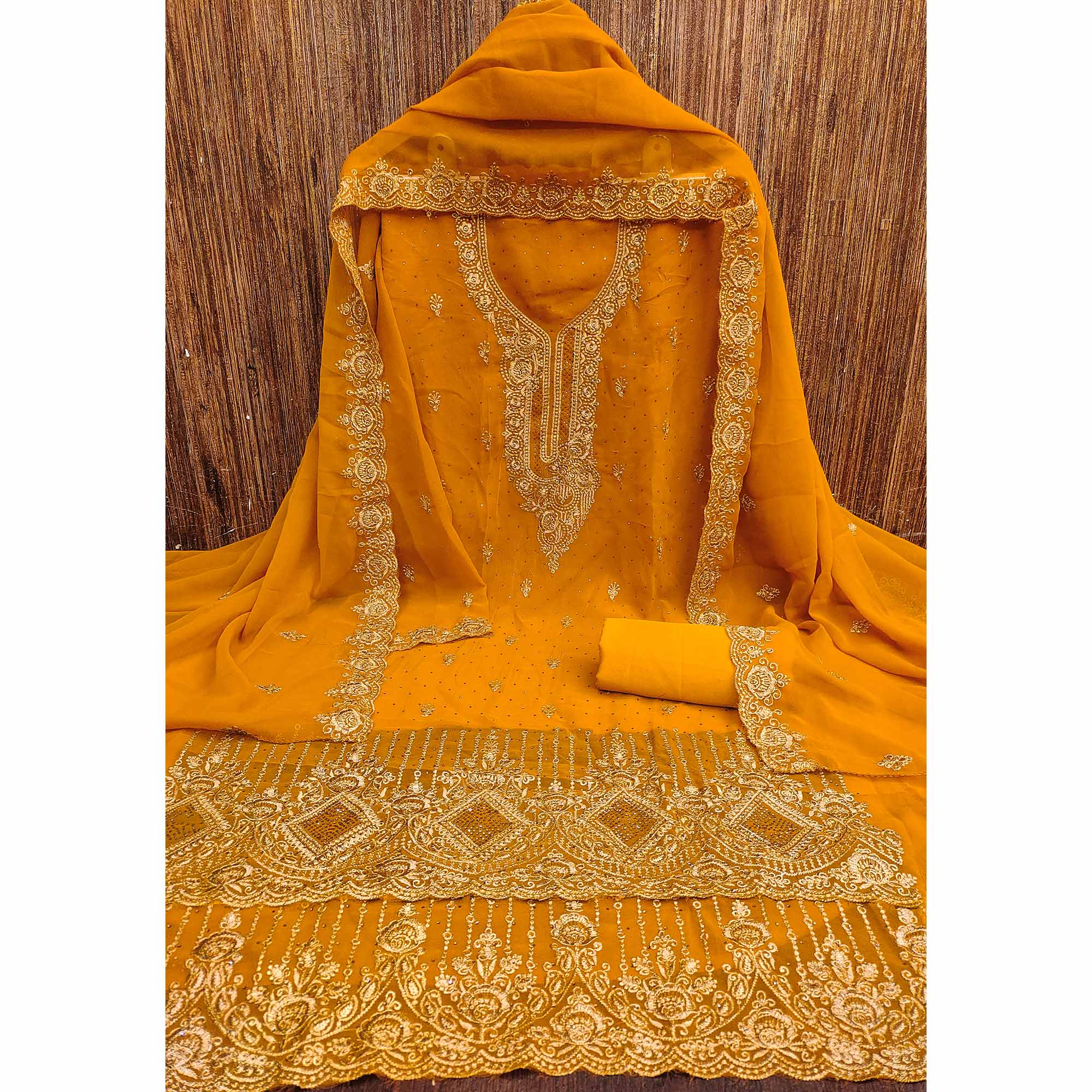 Mustard Embroidered With Swarovski Work Georgette Dress Material - Image 4