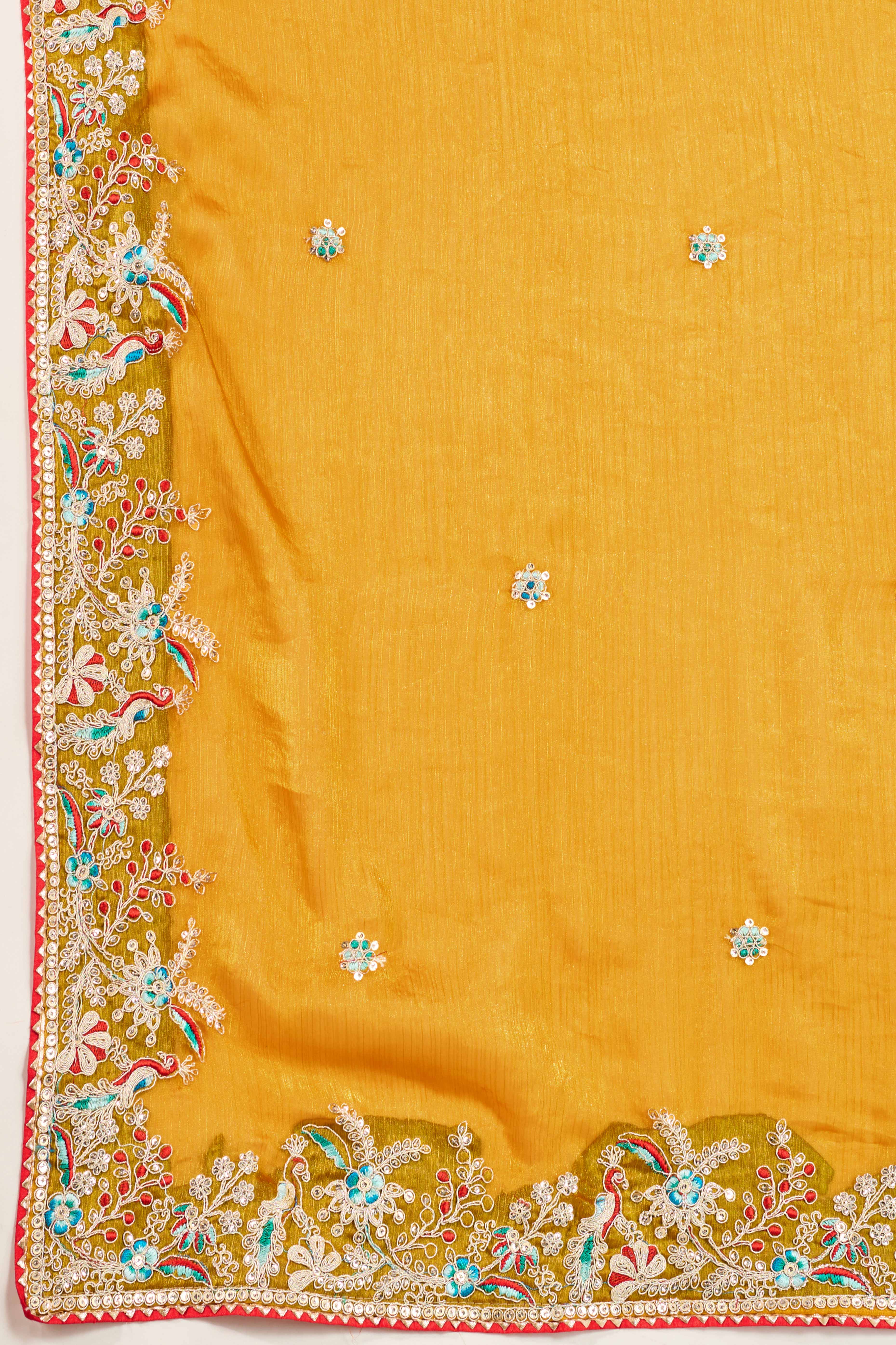 Mustard Fancy Chiffon Partywear Saree with Intricate Sequins & Thread Embroidery - Image 8