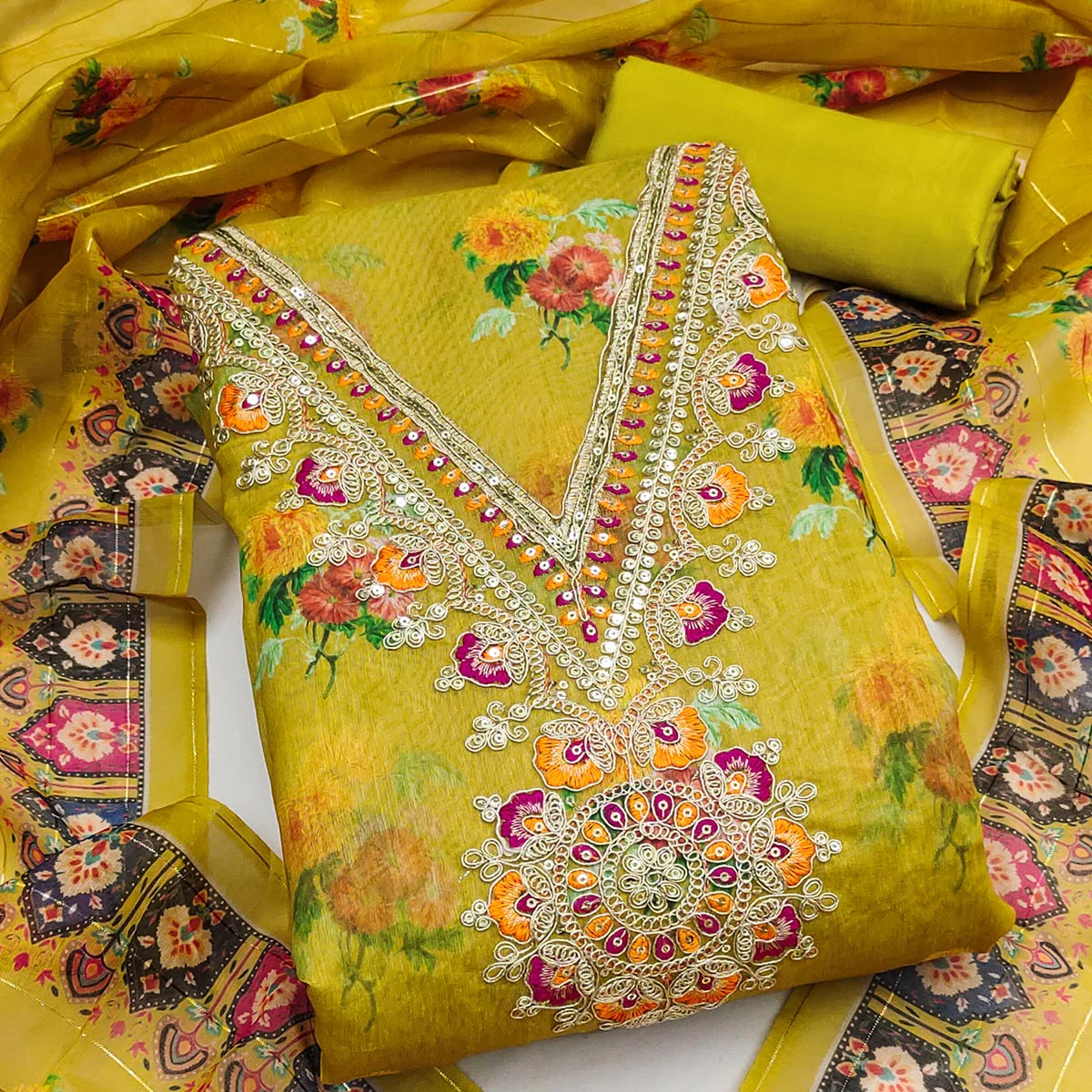 Mustard Floral Digital Print Dress Material With Sequins & Cording Embroidery On Chanderi Silk - Image 2