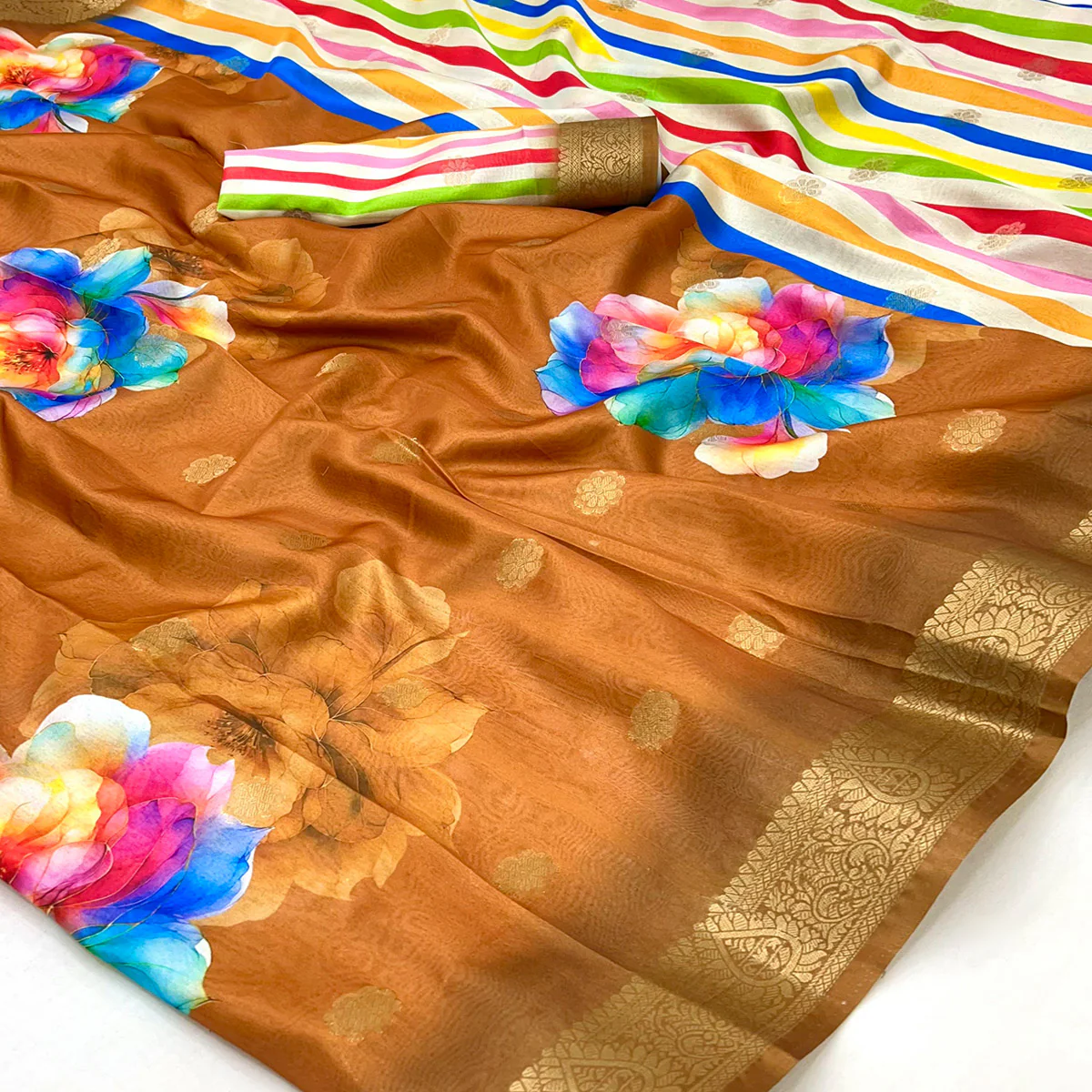 Mustard Floral Digital Printed Dola Silk Saree With Woven Border - Image 2