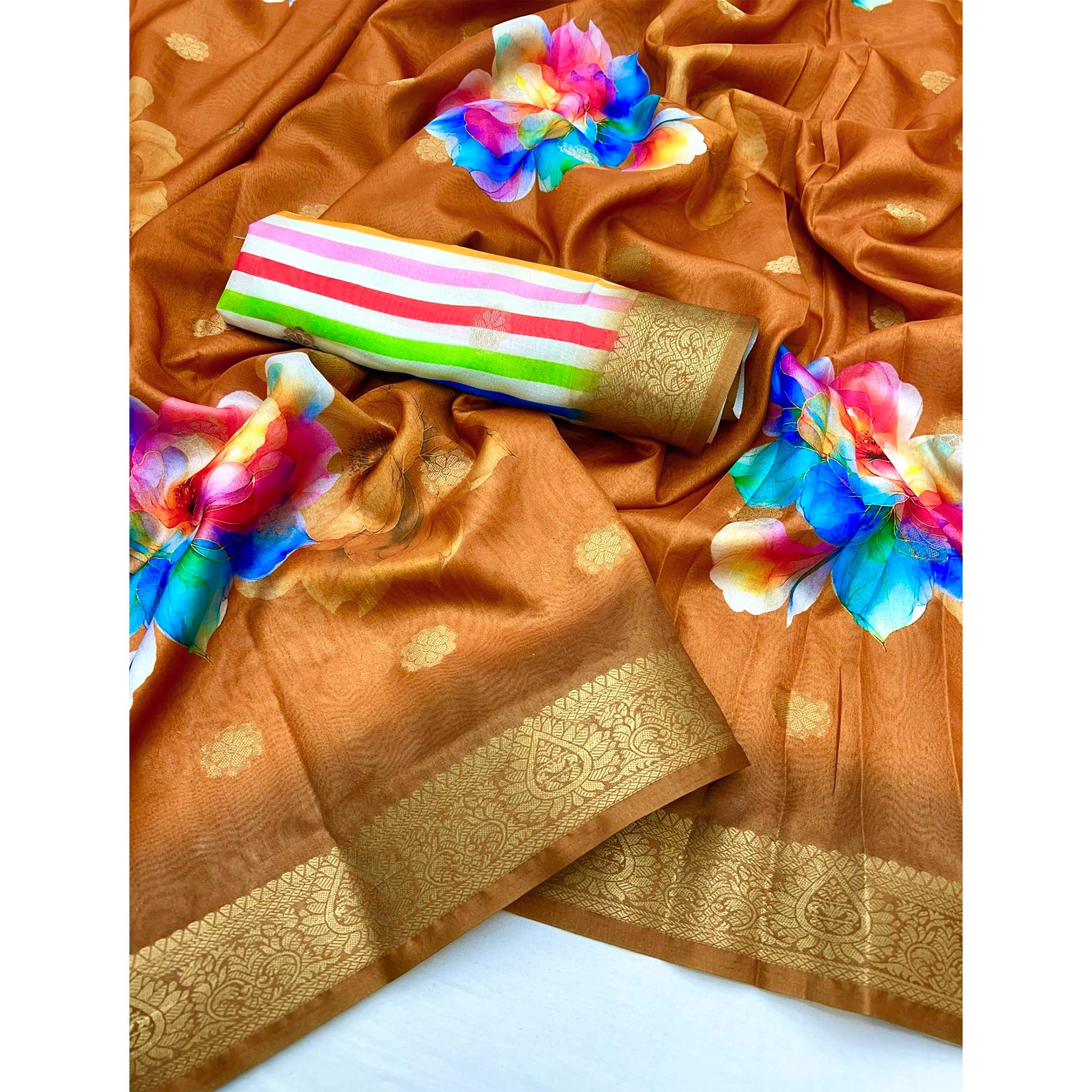 Mustard Floral Digital Printed Dola Silk Saree With Woven Border - Image 3