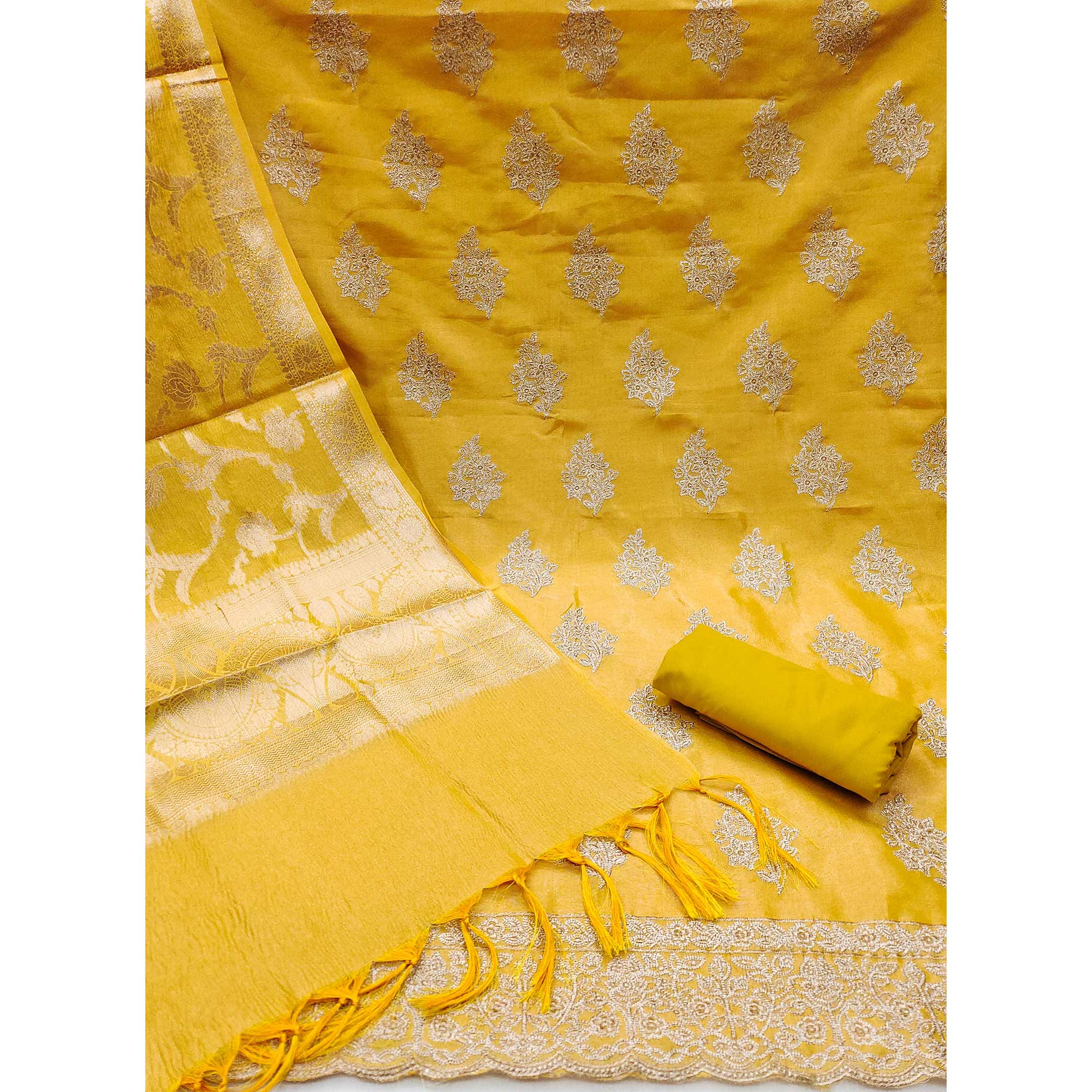 Mustard Floral Embroidered Banarasi Silk Shimmer Crush Dress Material - Image 3