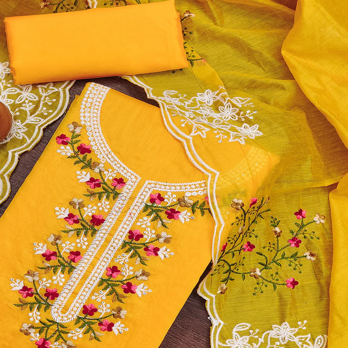 Mustard Floral Embroidered Chanderi Cotton Dress Material - Image 2